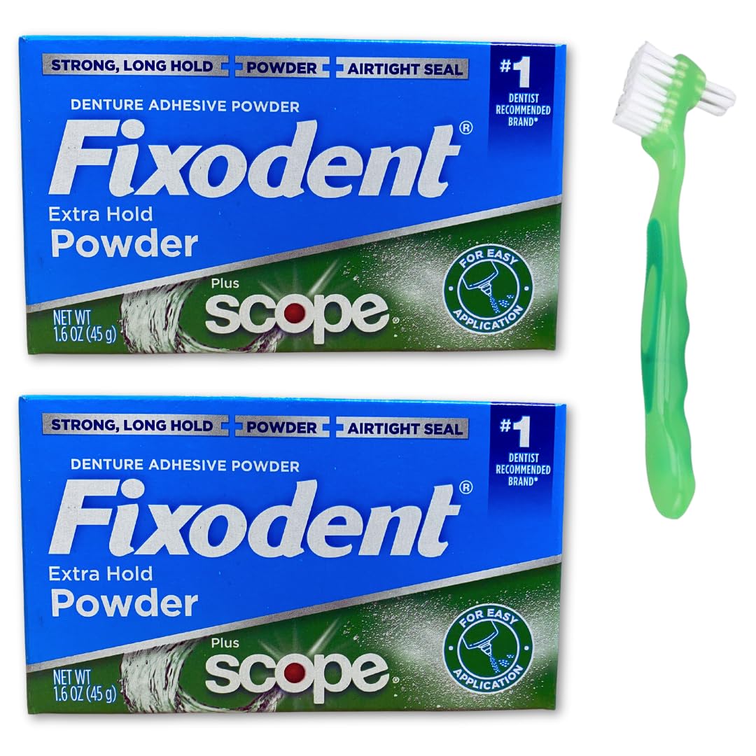 Fixodent Extra Hold Denture Adhesive Powder - 2 Pack with Free Denture Brush | Secure Denture Fit for All-Day Comfort | Ideal for Eating, Speaking & Active Lifestyles