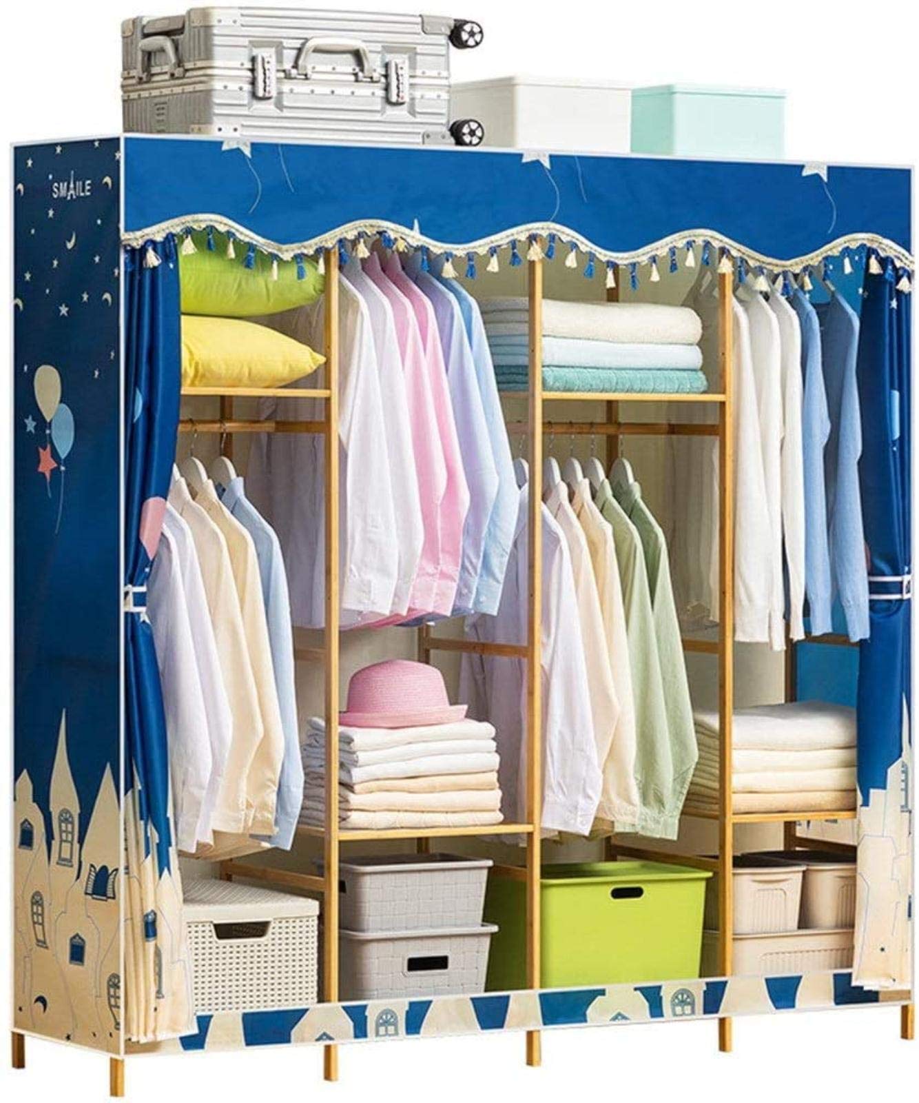 Foldable Closet Organizer with Hanging Rail & Shelves - Free Standing Wooden Wardrobe for Bedroom Storage (168x43x164cm) | Perfect for Small Spaces, Dorm Rooms & Apartment Organization