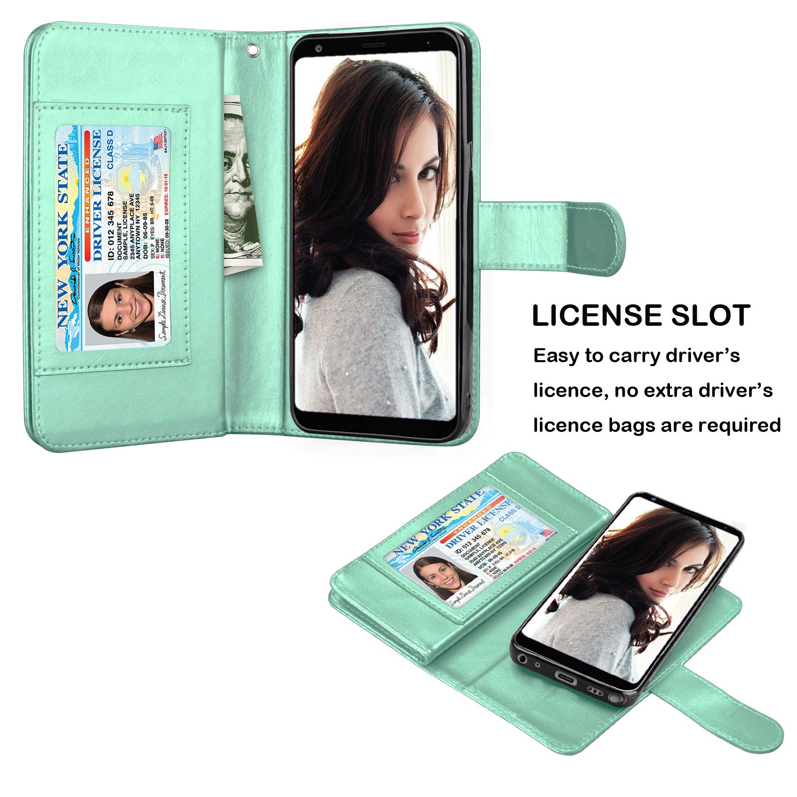 NJJEX Wallet Case for LG Stylo 5/5X/5V/5 Plus - PU Leather Folio Cover with 9 Card Slots, Detachable Kickstand & Magnetic Closure - Mint Green Phone Case for Work, Travel and Everyday Use
