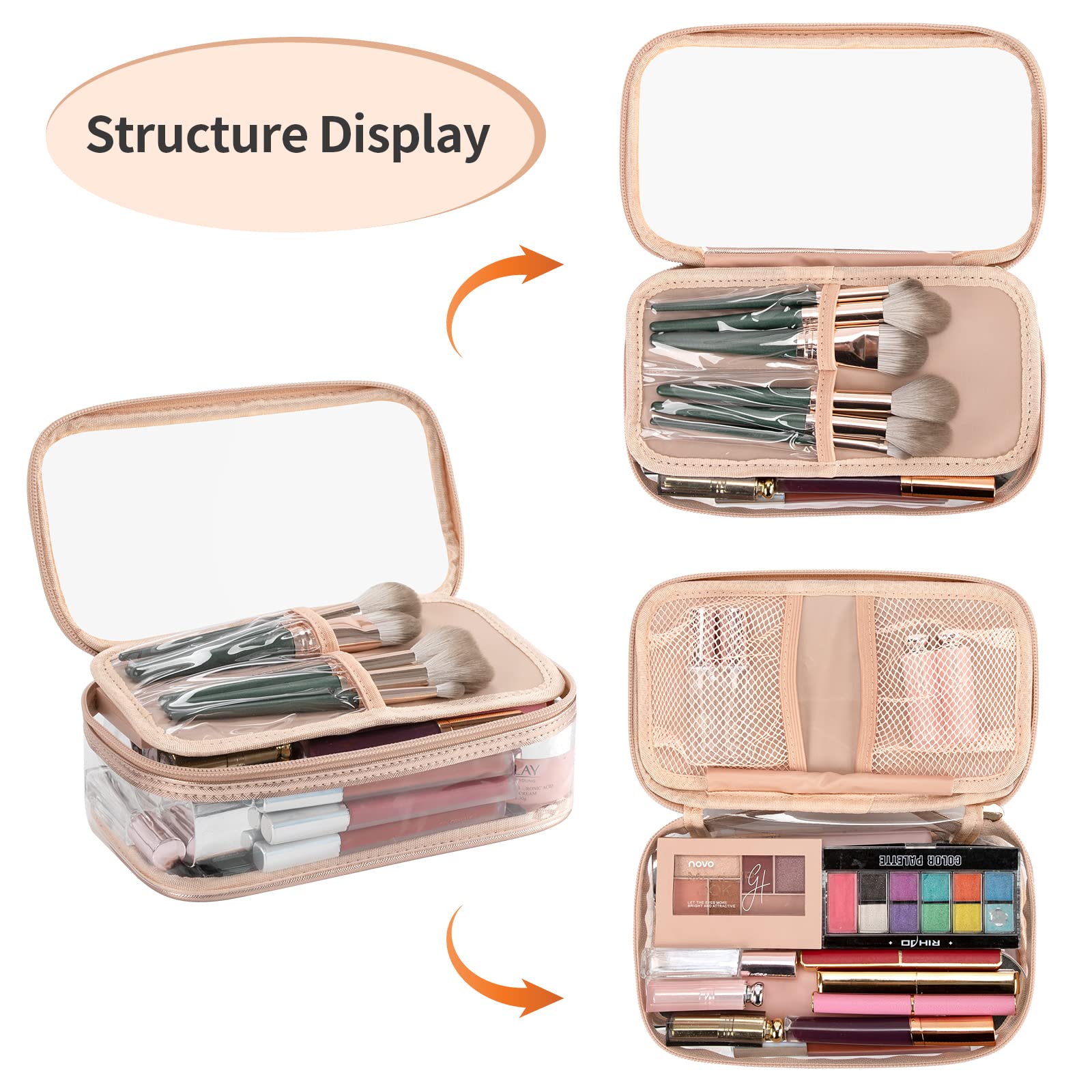 OCHEAL Clear Makeup Bag with Brush Compartment - Portable Travel Cosmetic Organizer for Women & Girls | Waterproof Makeup Pouch for Gym, Vacation & Daily Use (Rose Gold)