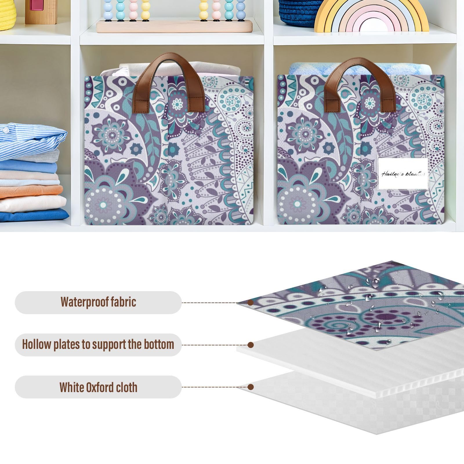 **Paisley Floral Ethnic Light Purple Fabric Storage Baskets with Handles - 2 Pack Organizer Bins for Pantry, Shelves, Drawers, Closet, Office & Classroom - Perfect for Home, Office & Dorm Organization**