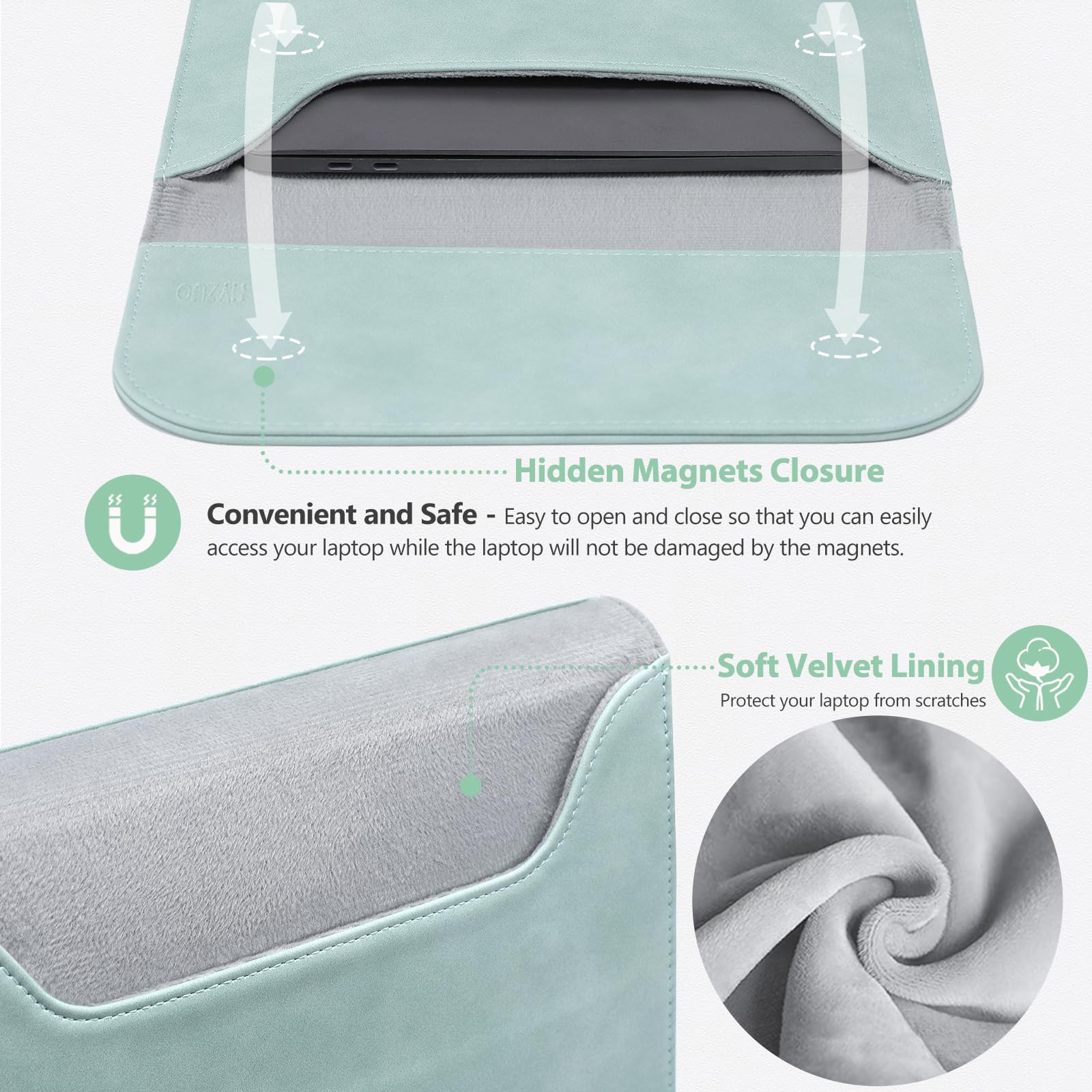 HYZUO 15-16 Inch Laptop Sleeve for MacBook Pro 16 M4/M3/M2/M1 Pro/Max (2025-2019 Models), MacBook Pro 15 (2015-2012), Dell XPS 15 - Premium Faux Suede Leather Protective Case with Accessory Bag (Mint Green) - Perfect for Work, Travel & School