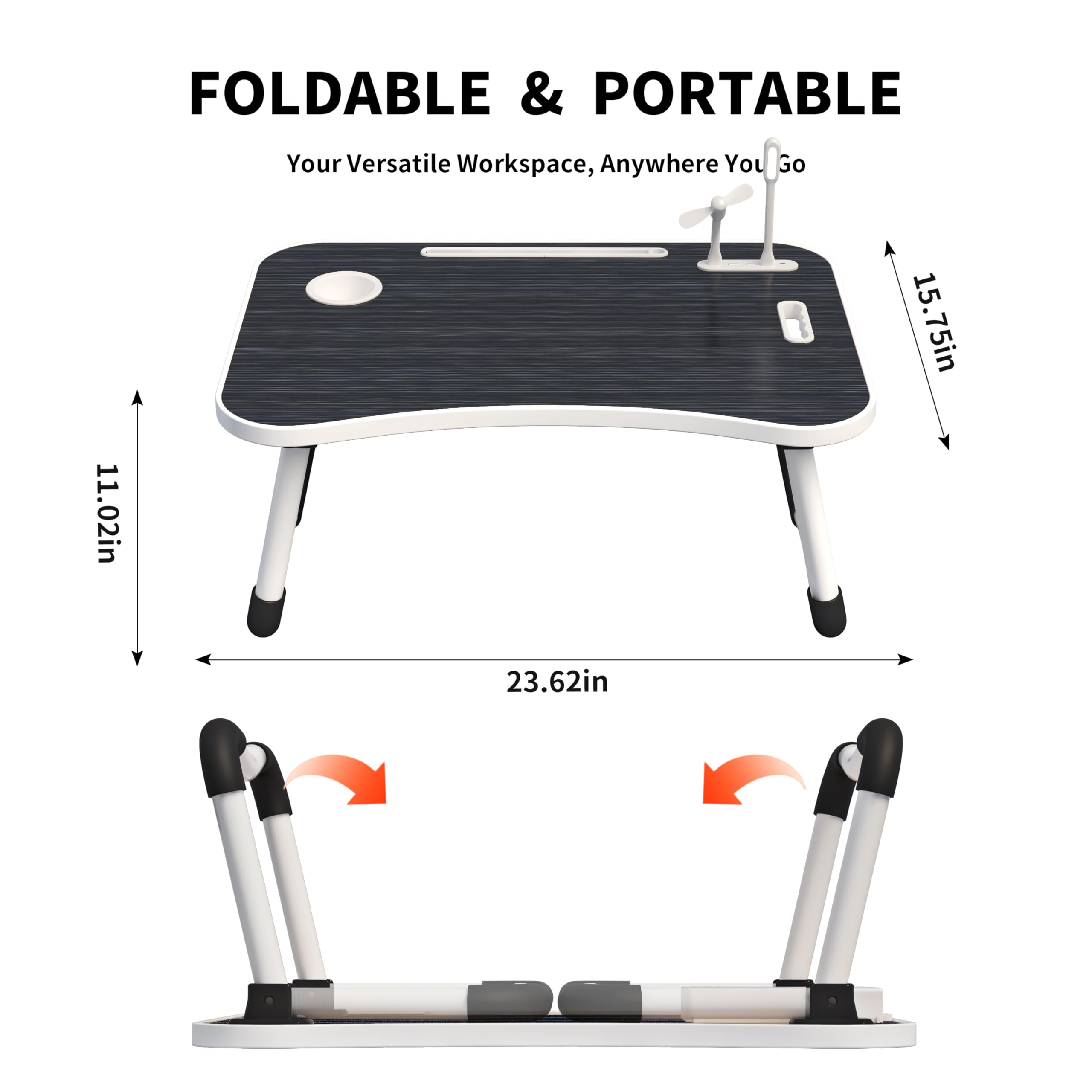 UNICOO® Foldable Laptop Stand with USB Charging Port | Adjustable Ergonomic Laptop Desk for Home Office, Bed & Sofa | Portable Lap Desk with Cup Holder, Tablet Slot & Storage Drawer | Perfect for Remote Work, Gaming & Studying (Ebony Black)