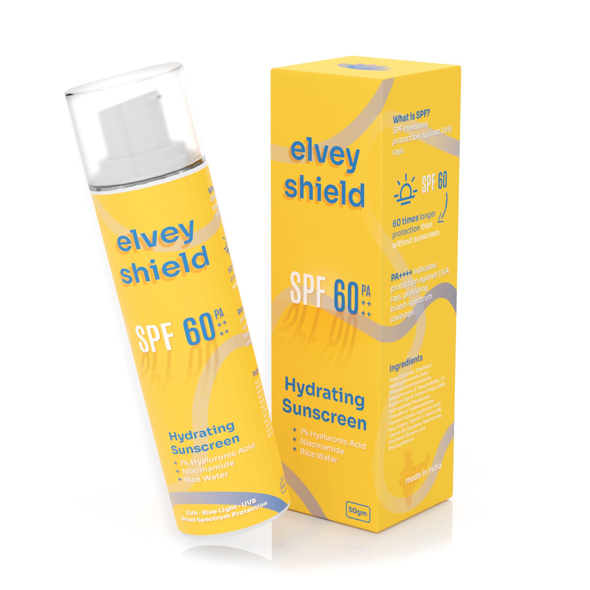 Elvey Shield Hydrating Sunscreen SPF 60 PA++++ with 1% Hyaluronic Acid, Niacinamide & Rice Water - Broad Spectrum UVA/UVB & Blue Light Protection - No White Cast, Water Resistant & Non-Irritating for All Skin Types (50g) | Daily Face Moisturizer for Outdoor Activities, Travel & Work