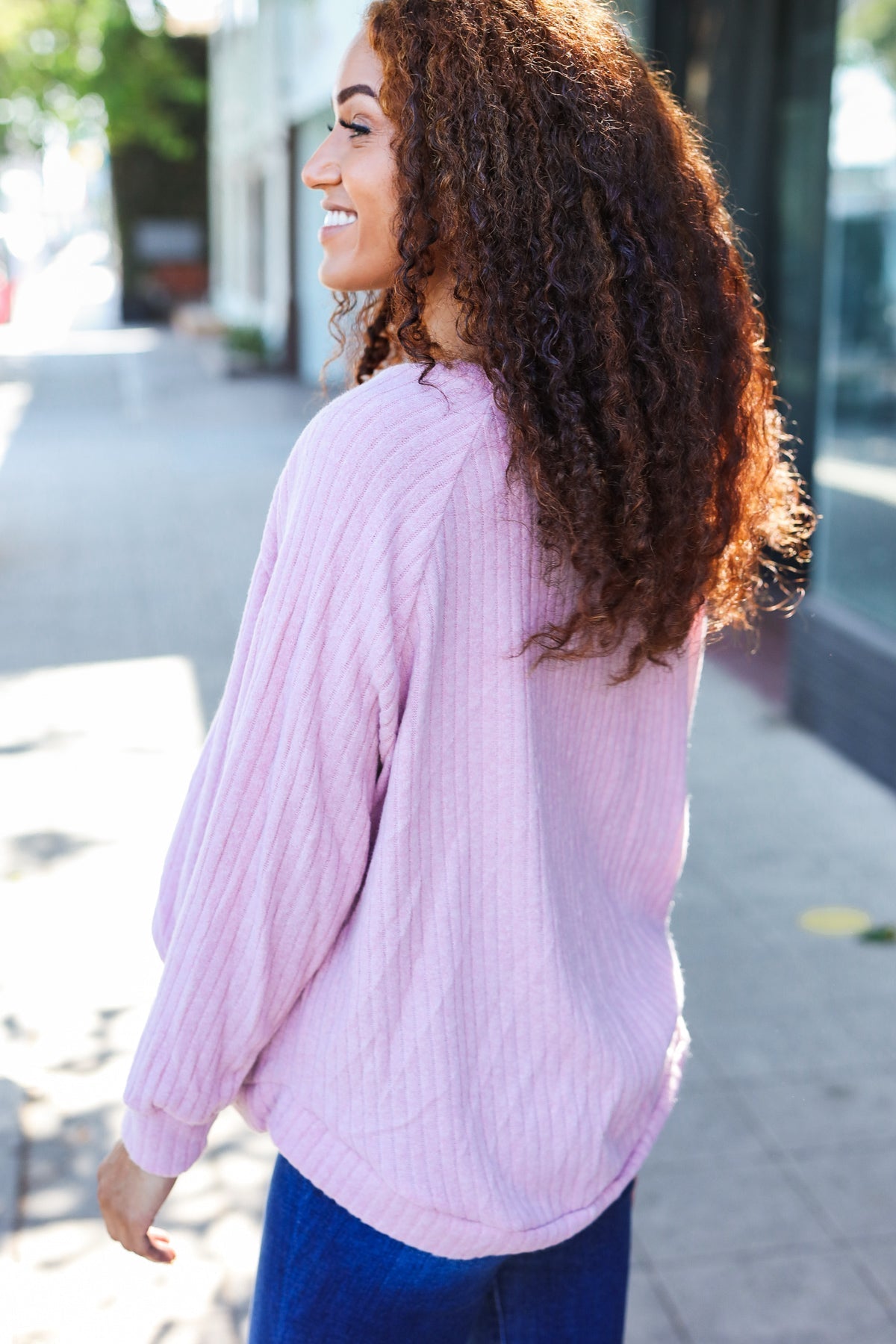 Soft Mauve Ribbed Brushed Hacci Sweater for Women | Cozy Knit Pullover | Perfect for Fall & Winter Layering, Casual Outings & Office Wear