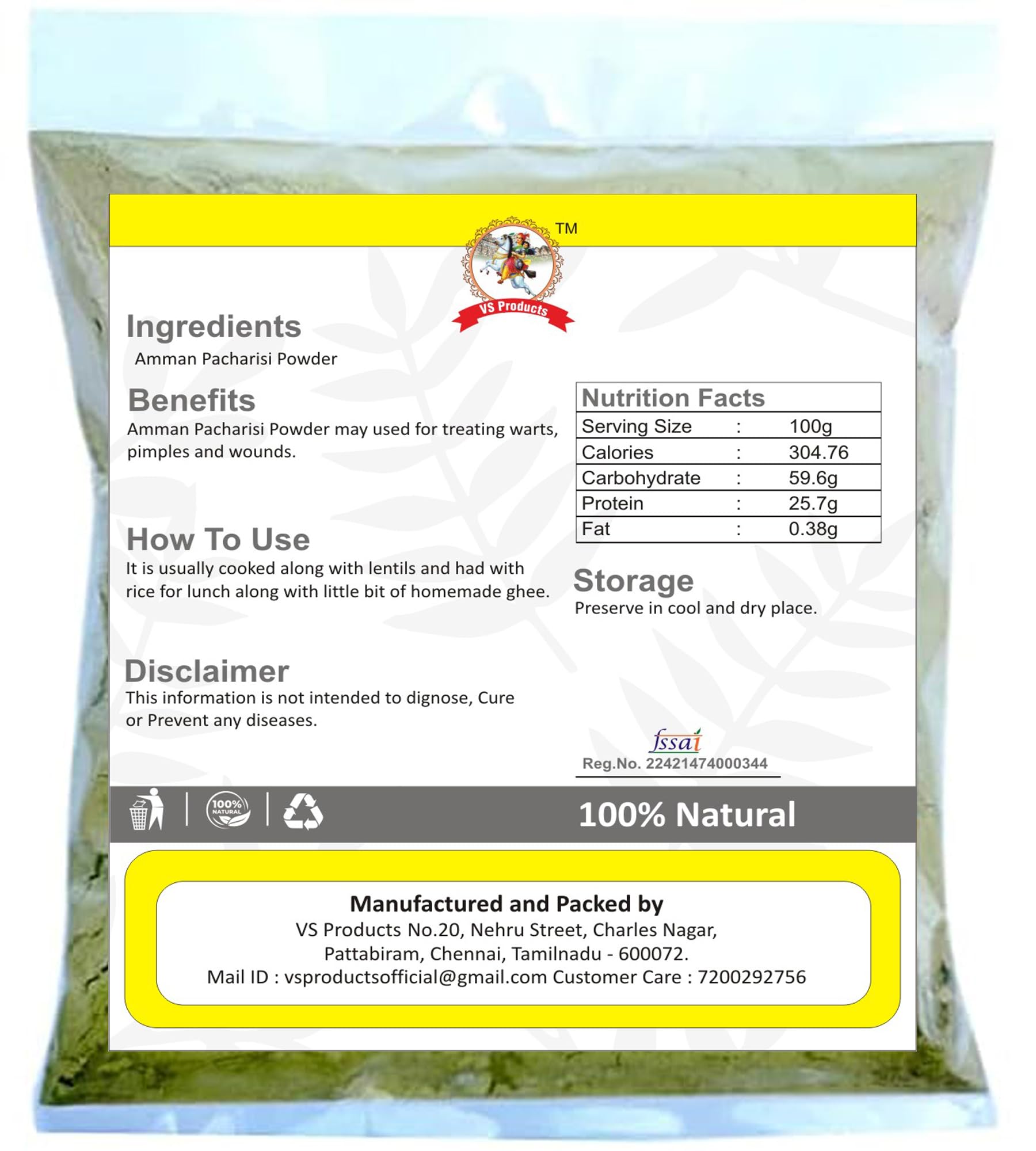 VS Products Amman Pacharisi Powder 850g | Euphorbia Hirta Powder | Dudhi Powder for Warts, Pimples & Wounds | Natural Herbal Remedy | Pack of 8 x 100g or 1 x 50g | Skin Care & First Aid Solution