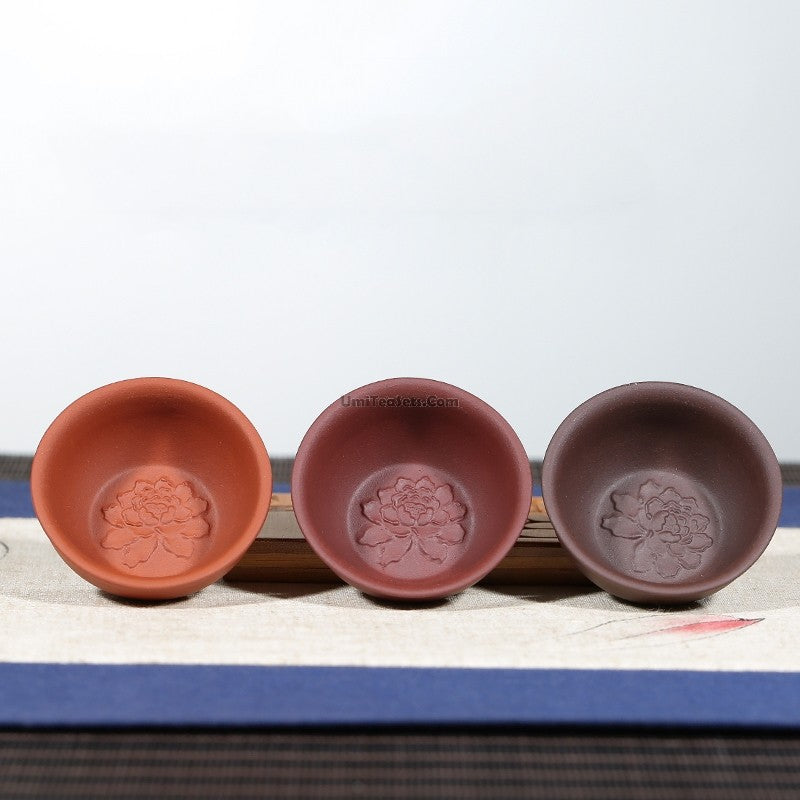 Premium Yixing Clay Gongfu Tea Cup Set of 2 - Handcrafted Purple Clay Peony Design Chinese Tea Ceremony Cups - Perfect for Oolong, Pu-erh & Green Tea Brewing at Home or Office