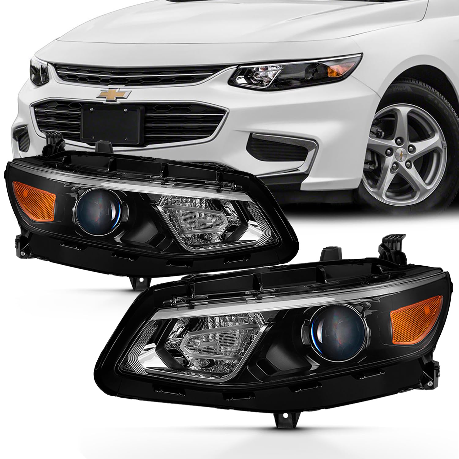 AKKON Black Housing Clear Lens Projector Headlight Assembly for 2016-2018 Chevrolet Malibu - Driver & Passenger Side Set - Upgrade Your Night Driving Safety & Style
