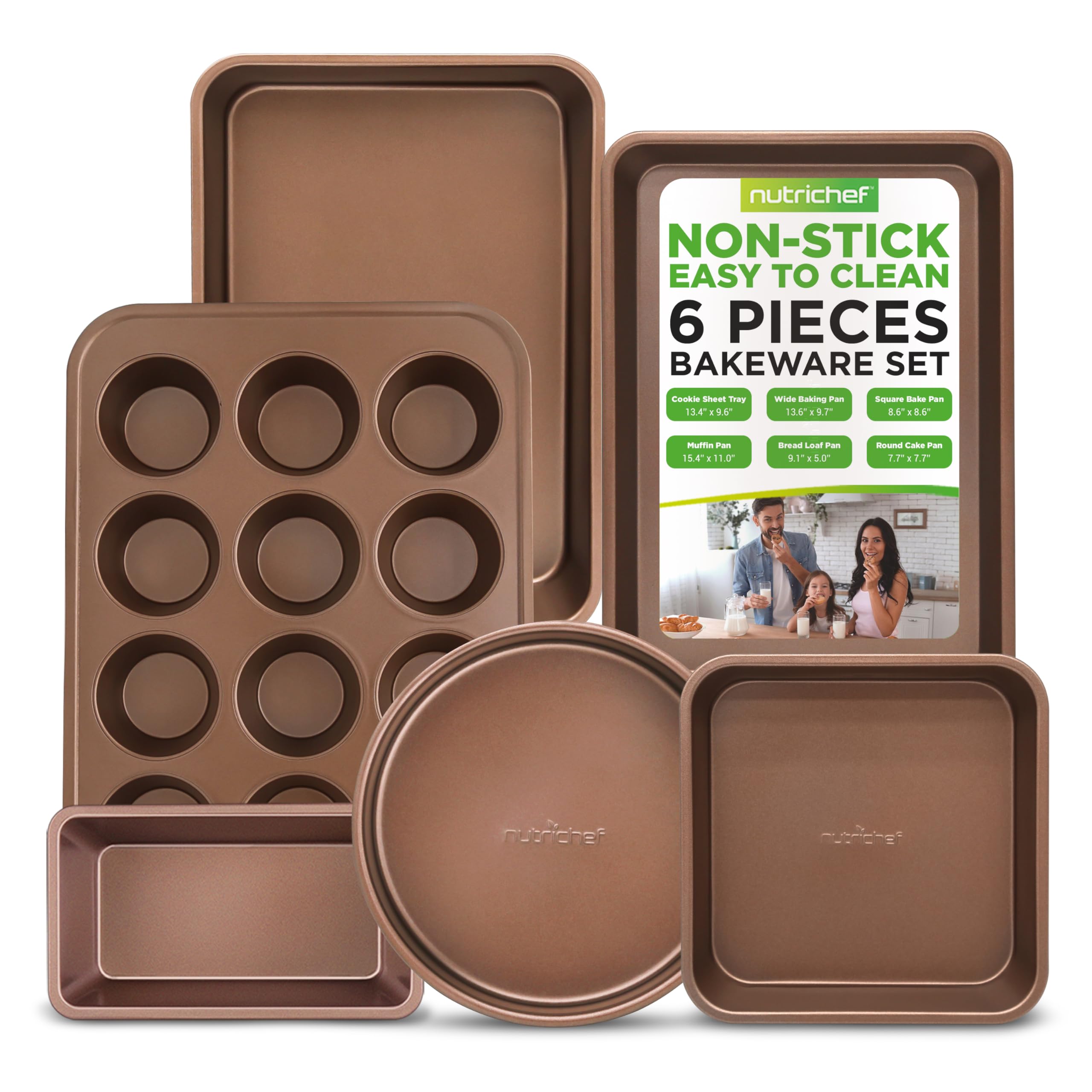 NutriChef 6-Piece Nonstick Bakeware Set - Carbon Steel Baking Pans with Cookie Sheets, Square Pan, Loaf Pan, Round Cake Pan & Muffin Tin - Gold Kitchen Essentials for Baking Cookies, Bread, Cakes & Cupcakes at Home