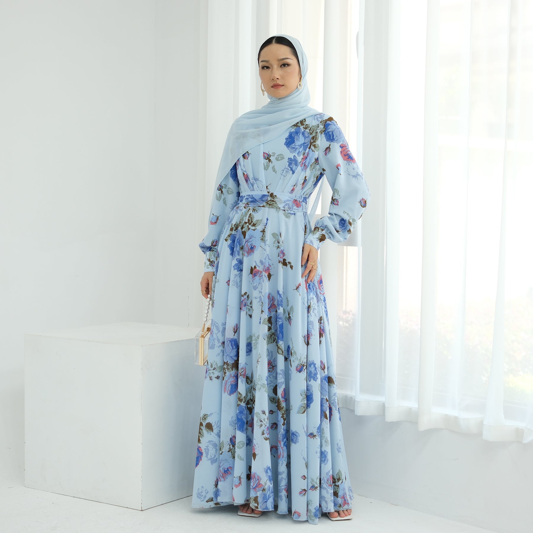 Elegant Gardenia Floral Maxi Dress in Blue & Pink - Perfect for Summer Weddings, Beach Vacations & Boho Chic Outfits