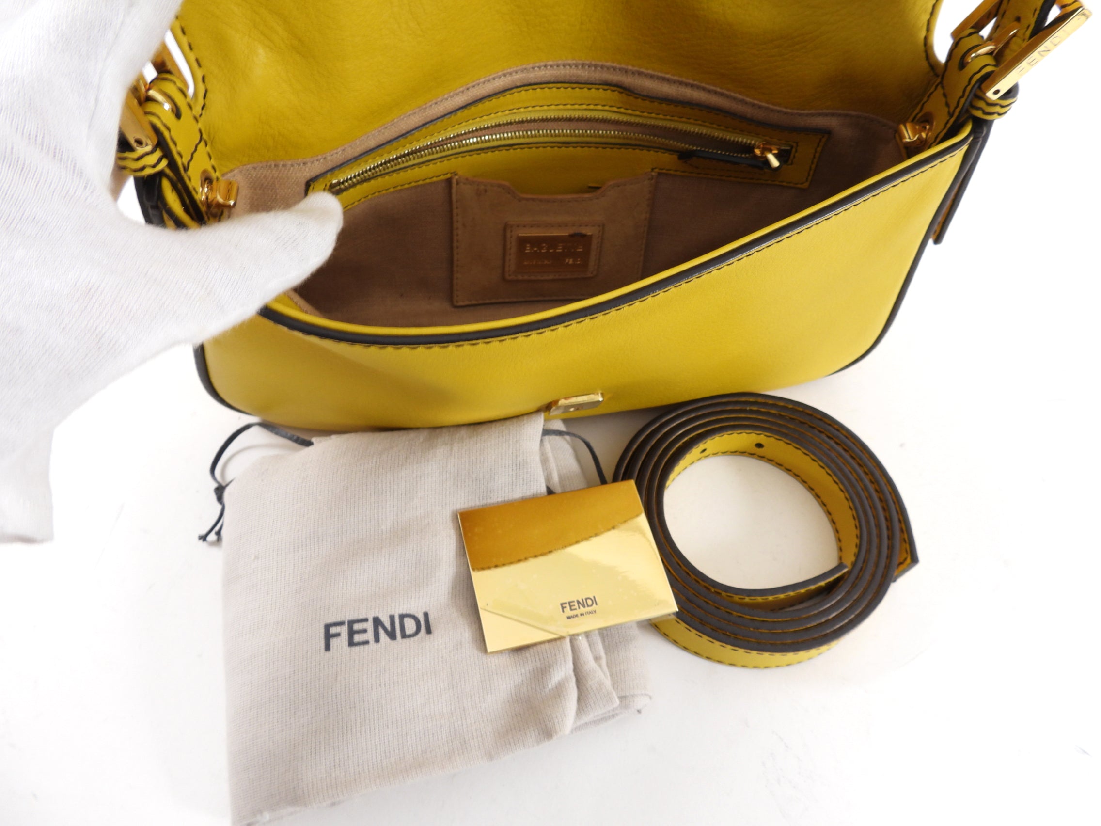 Fendi Mustard Yellow Baguette Bag with Enamel Clasp - Stylish Crossbody Shoulder Bag for Women, Perfect for Parties, Date Nights & Everyday Use
