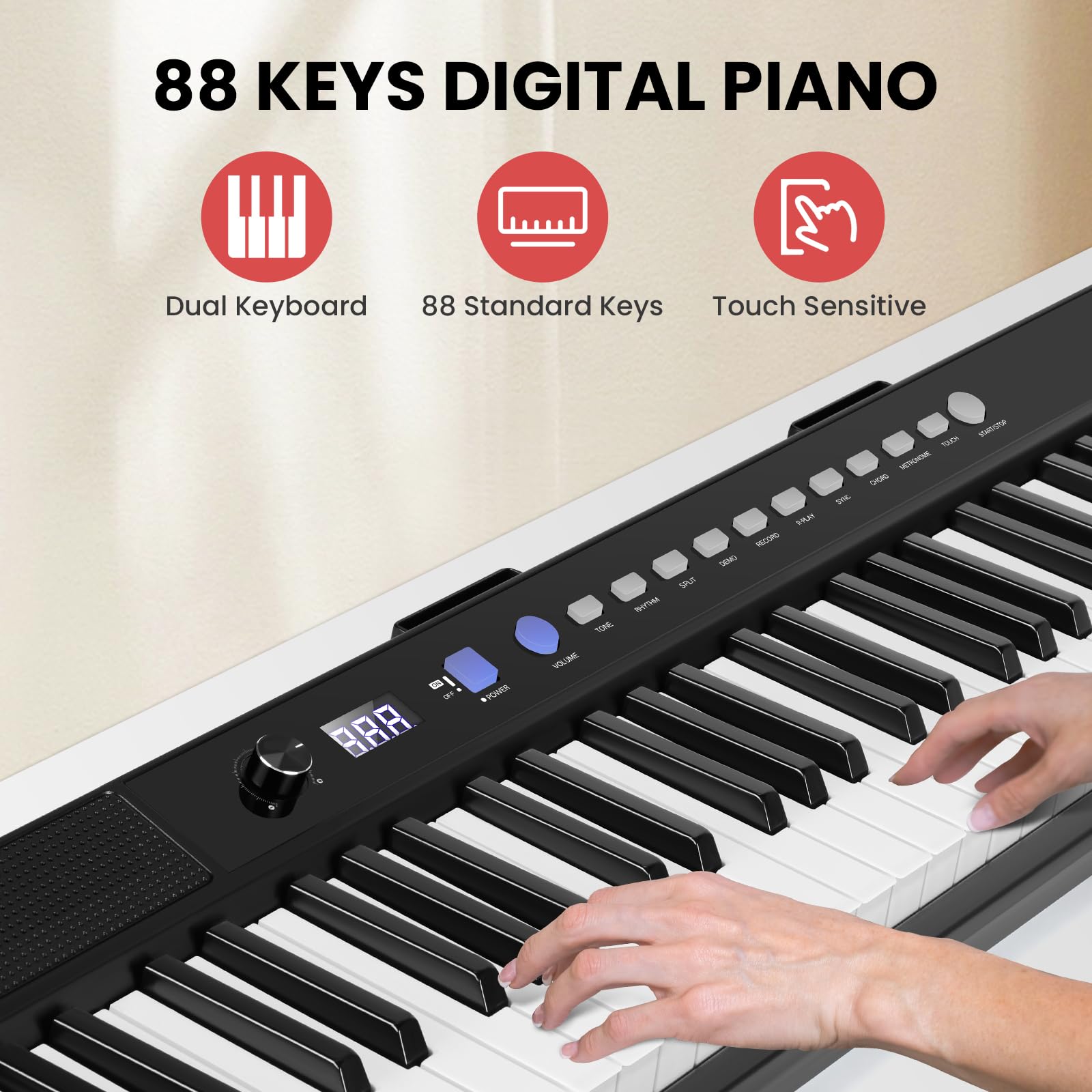 Asmuse 88-Key Digital Piano for Beginners - Semi-Weighted Keys, 128 Tones & Rhythms | Home & Studio Use