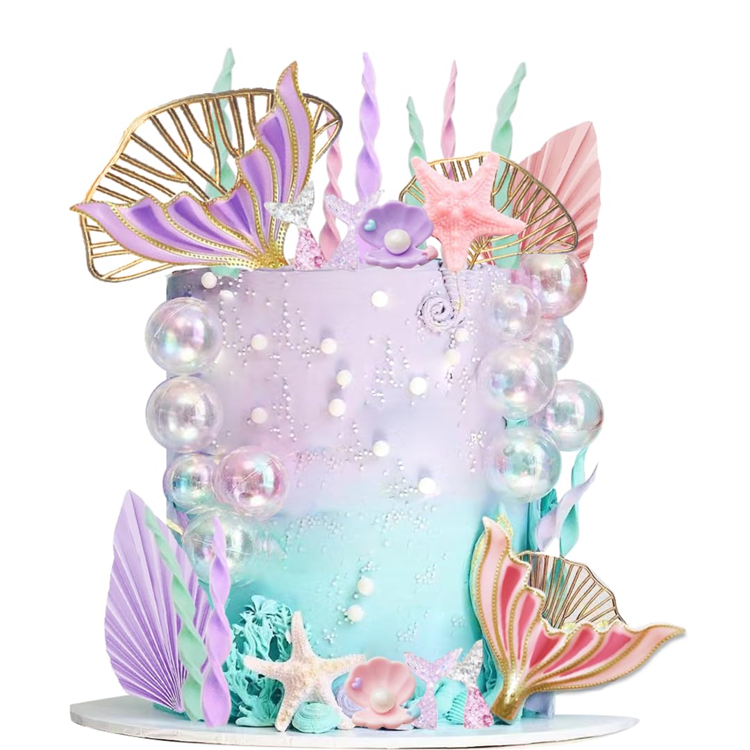 Mermaid Cake Topper Set - Large Mermaid Tails, Seaweed, Bubbles, Shells & Golden Ginkgo Leaves for Under the Sea Birthday Cake Decorations | Perfect for Mermaid Themed Parties, Baby Showers & Ocean Inspired Celebrations