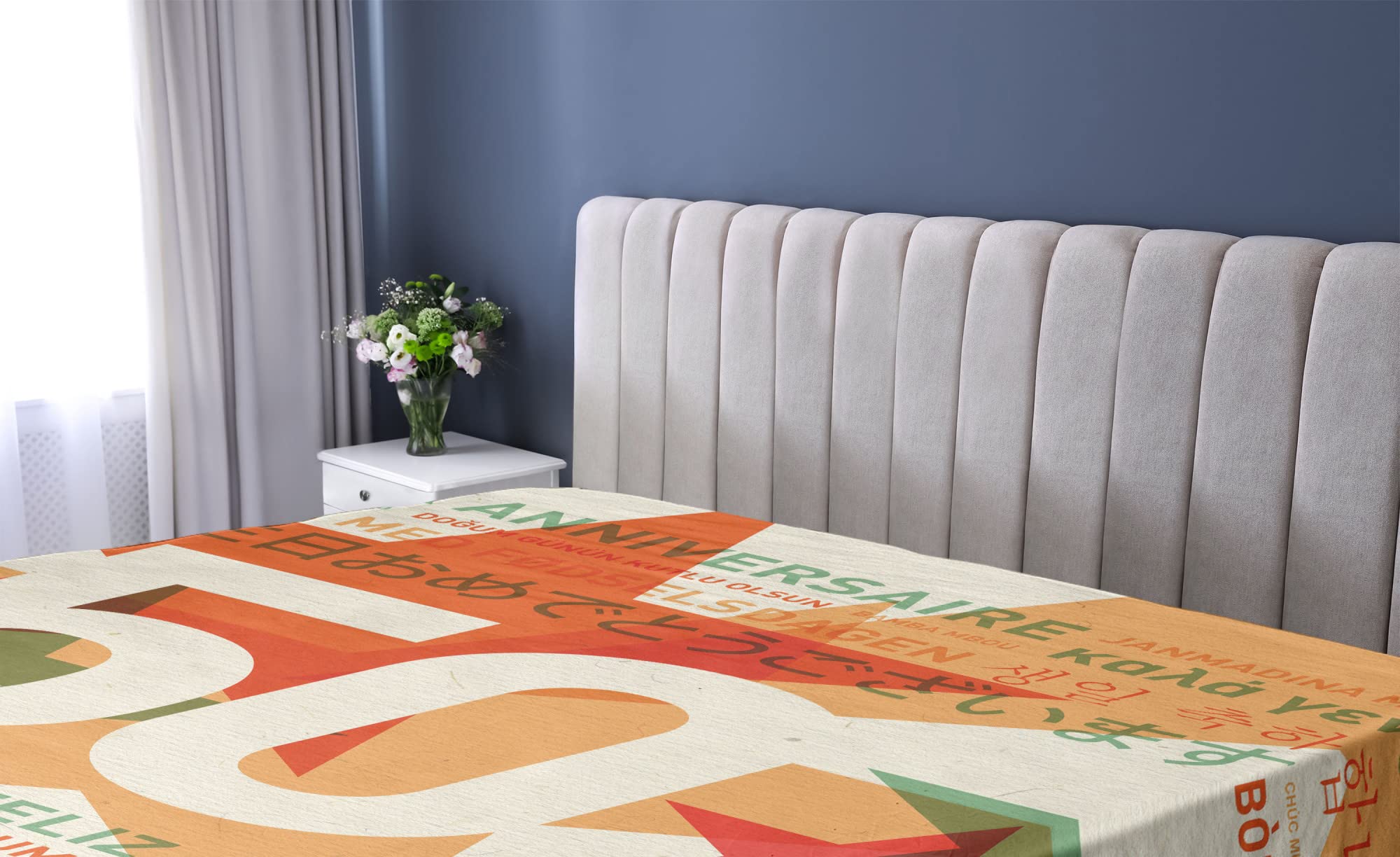 Ambesonne 50th Birthday Fitted Sheet - Multilingual Happy Birthday Retro Design with Stars Print, Deep Pocket Elastic Twin Size Bed Sheet in Green Red Orange - Perfect for Birthday Parties, Room Decor & Photo Backdrops