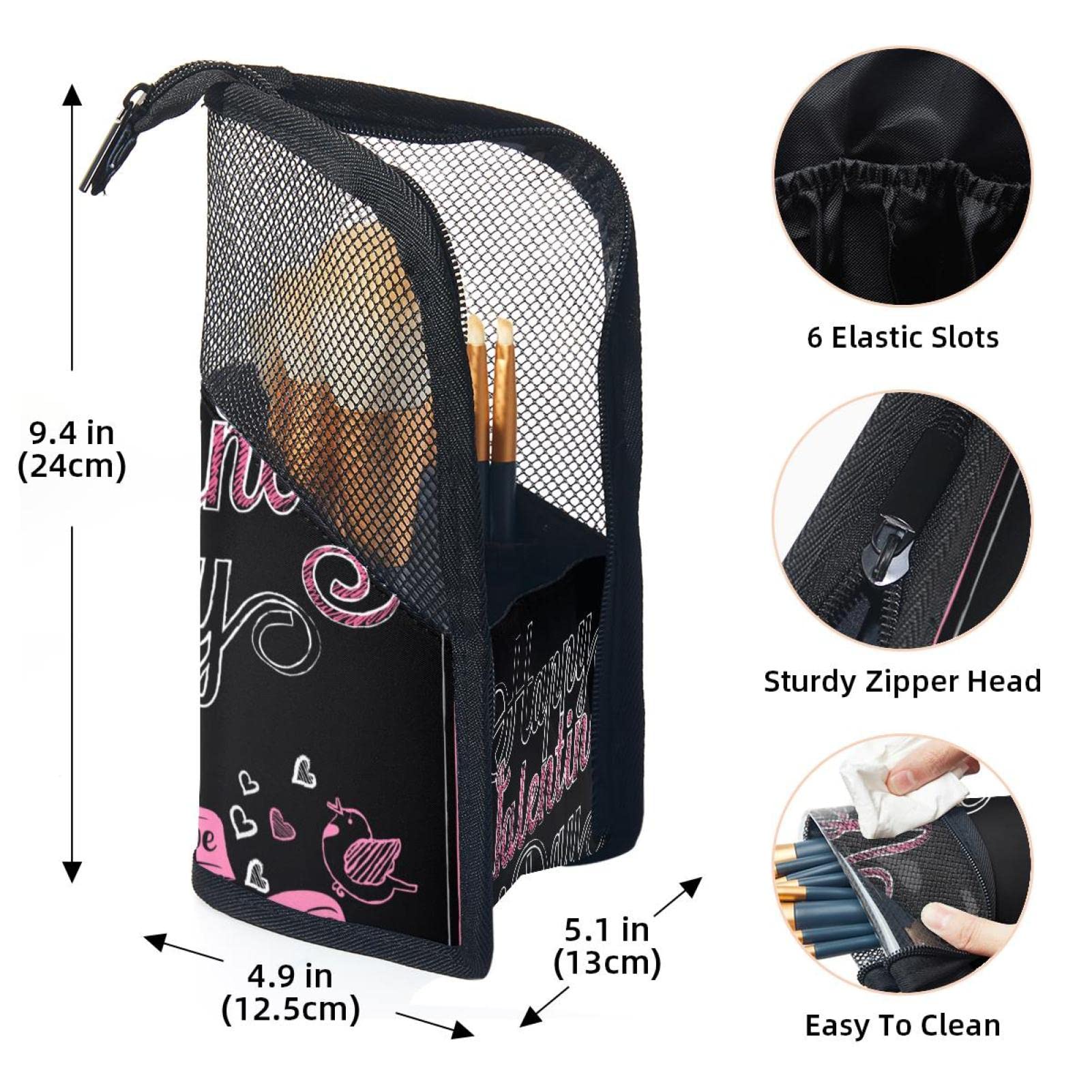 12-Piece Pink Makeup Brush Organizer Bag with Valentine's Day Graphic - Portable Cosmetic Brush Holder Case for Travel, Home & Professional Makeup Storage