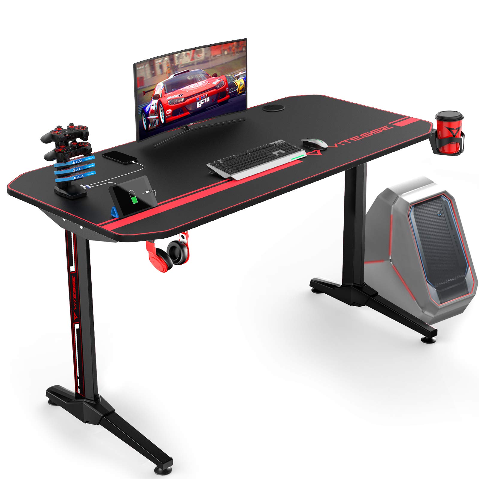 VITESSE VIT 44 Inch Ergonomic Gaming Desk with USB Ports, Handle Rack & Full Desk Mouse Pad - T-Shaped Office Computer Desk with Cup Holder & Headphone Hook - Perfect for PC Gaming, Streaming & Home Office Setup