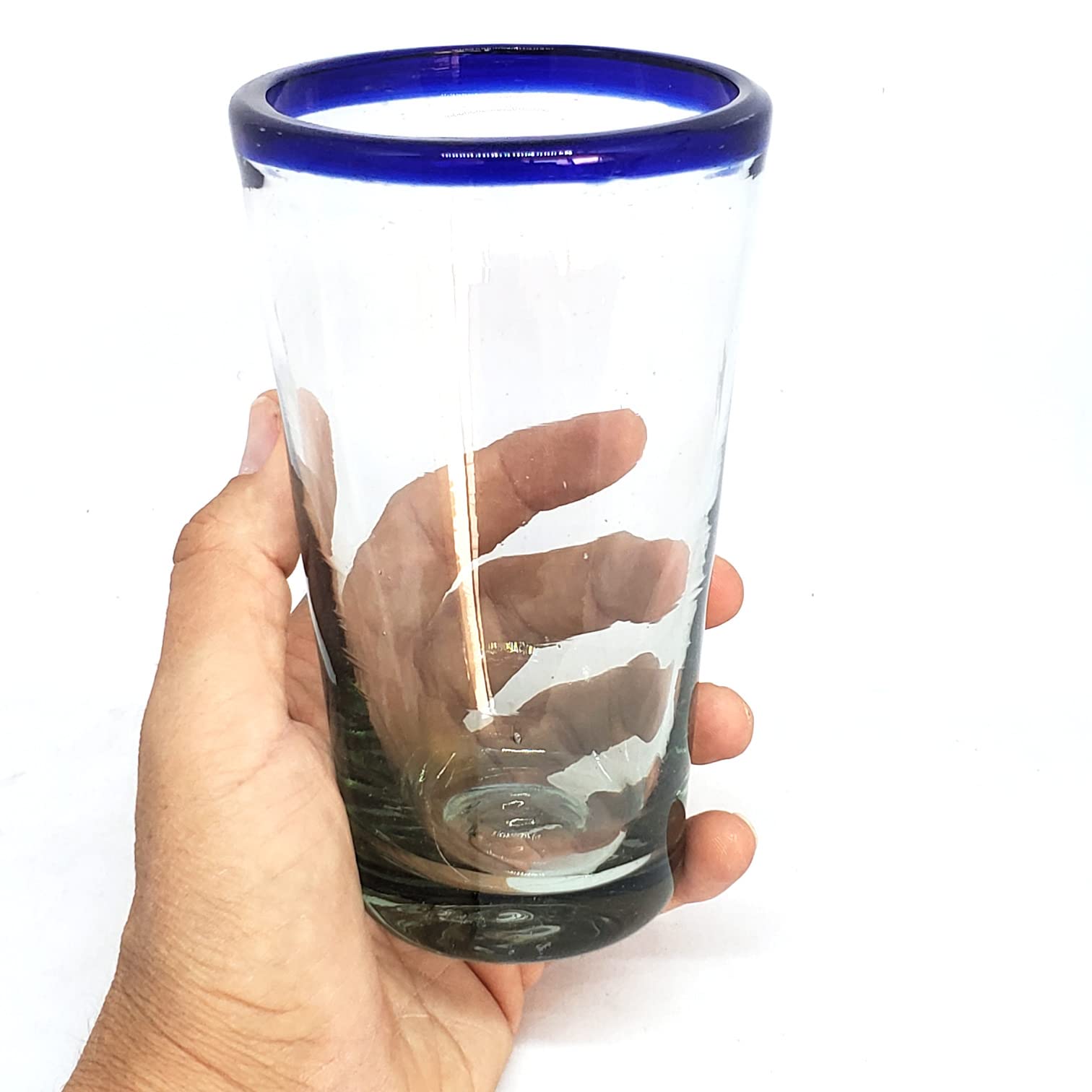 Eco-Friendly Cobalt Blue Rim 16 oz Pint Glasses Set of 6 - Recycled Lead-Free & Toxin-Free Glassware for Beer, Cocktails & Home Bar Decor