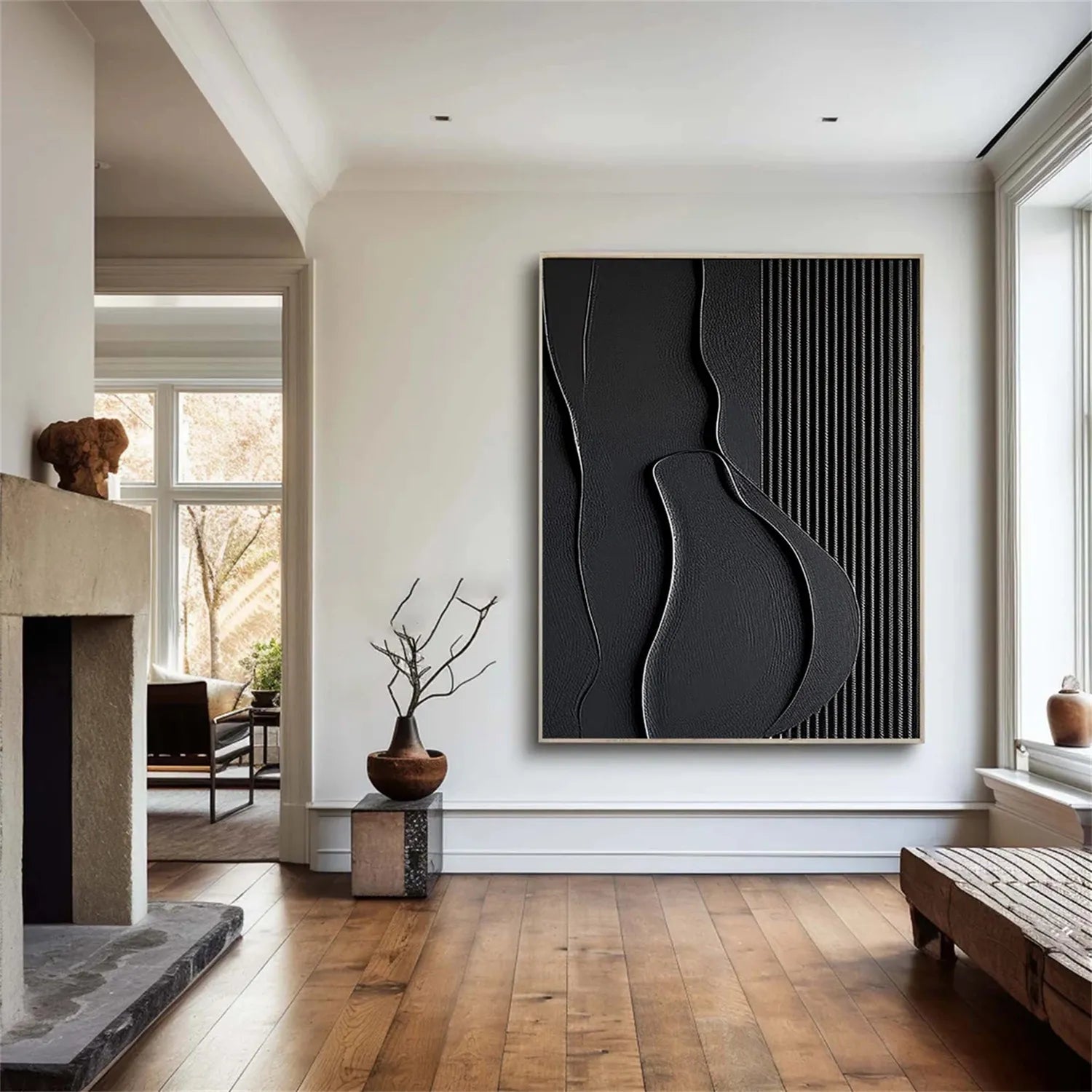 Black Minimalist Textured Painting Canvas Wall Art - Modern Abstract Home Decor for Living Room, Bedroom & Office | Premium Quality #MZ096