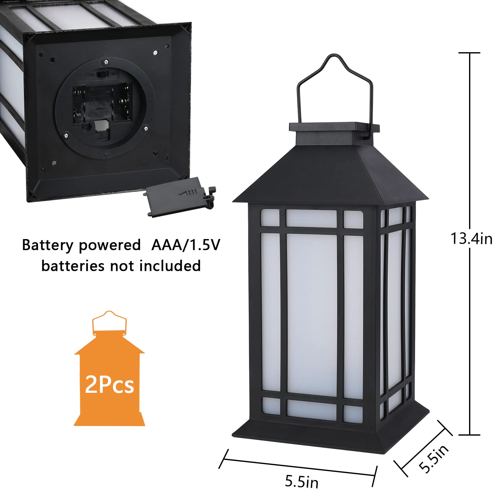13-Inch IP65 Waterproof Outdoor LED Lantern with Flameless Candle & Timer - Battery Powered Decorative Lighting for Patio, Garden, Pathway & Porch (2 Pack) - Perfect for Backyard Parties, Wedding Decor & Camping Nights