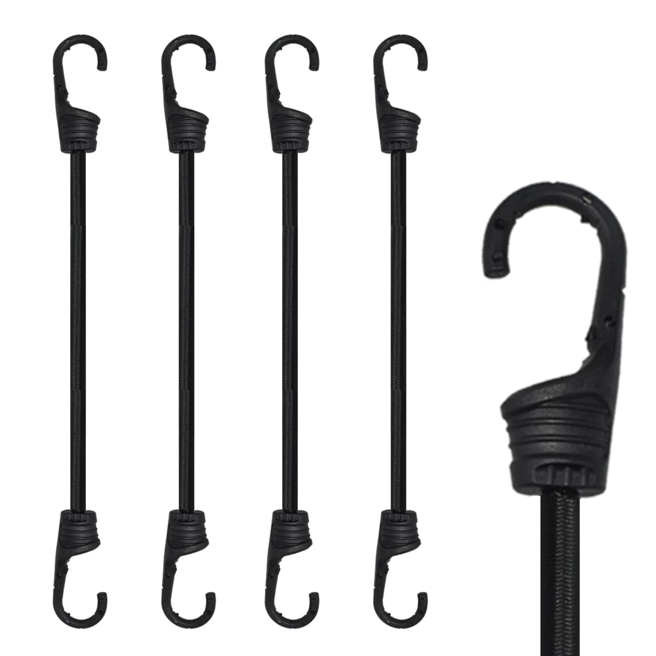 12-Inch Heavy Duty Bungee Cords with Plastic-Coated Steel Hooks - 4 Pack Black Elastic Stretch Ropes for Camping Gear, Bicycle Accessories, Folding Wagons, Car Trunk Organizer - Secure Tie Downs for Outdoor Activities & Home Storage