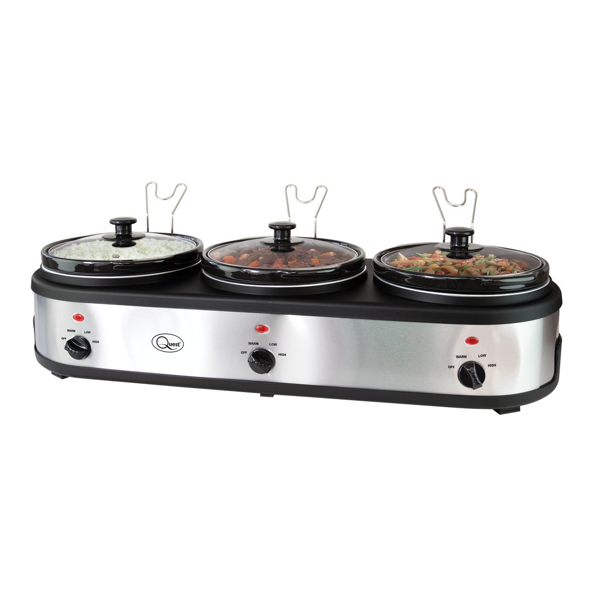 Quest 16530 3-Pot Electric Slow Cooker Buffet Server & Food Warmer - 3 Large 2.5L Ceramic Pots with Lids & Stands - 3 Heat Settings & Stainless Steel Finish - Perfect for Parties, Potlucks & Family Gatherings