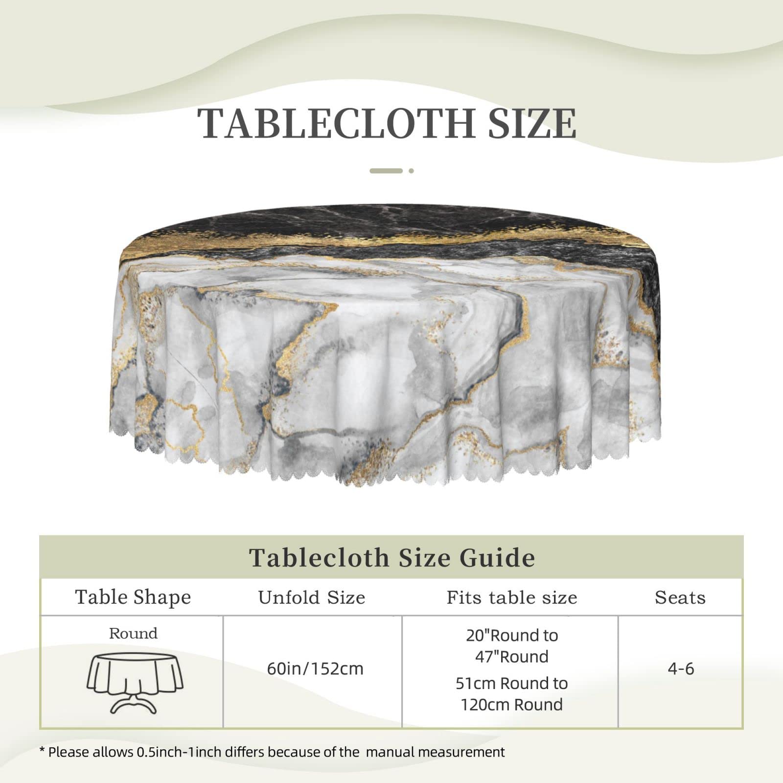 Black Marble Pattern Round Tablecloth - 60 Inch Oil Proof, Spill Proof & Easy Clean Table Cover with Elegant Lace Trim - Perfect for Dining Room, Kitchen, Wedding & Party Decor