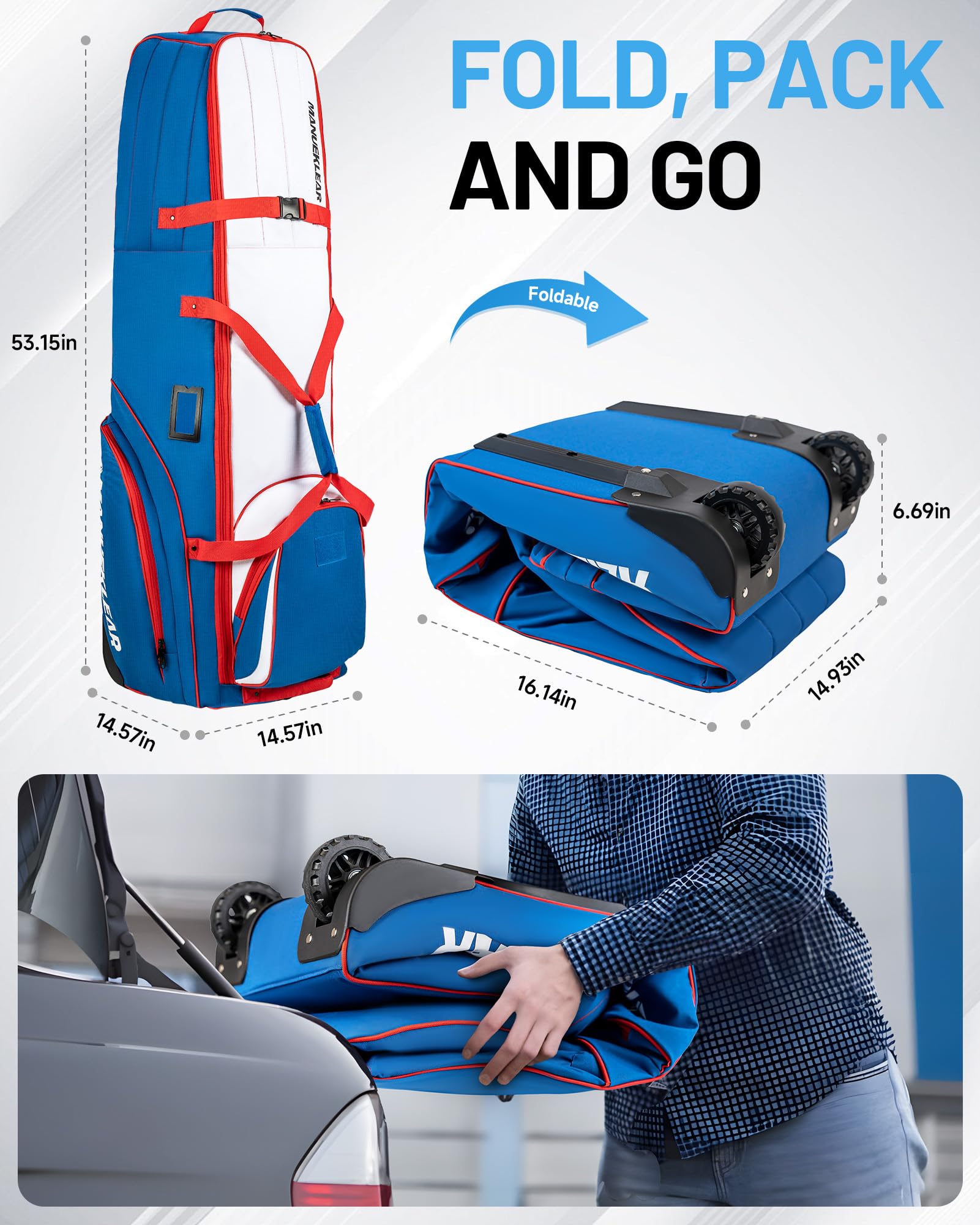MANUEKLEAR Golf Travel Bag with Wheels - 1680D Nylon Airline Approved Golf Case with Padded Top, 3 Large Pockets & Foldable Design - Perfect for Air Travel, Golf Tournaments & Club Storage