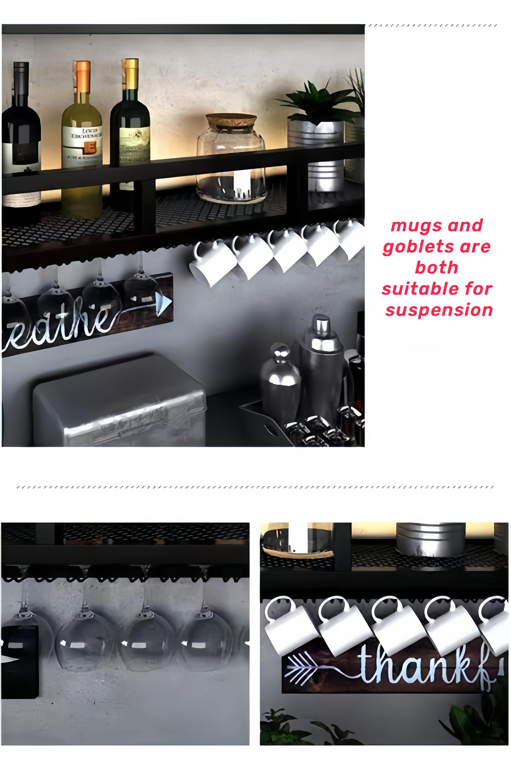 31 Inch Black Metal Wall Mounted Wine Rack with LED Lights - 3-Tier Bar Shelf for Liquor Bottles, Hanging Mugs & Wine Glasses - Perfect for Home Bars, Kitchen Decor & Entertaining Spaces