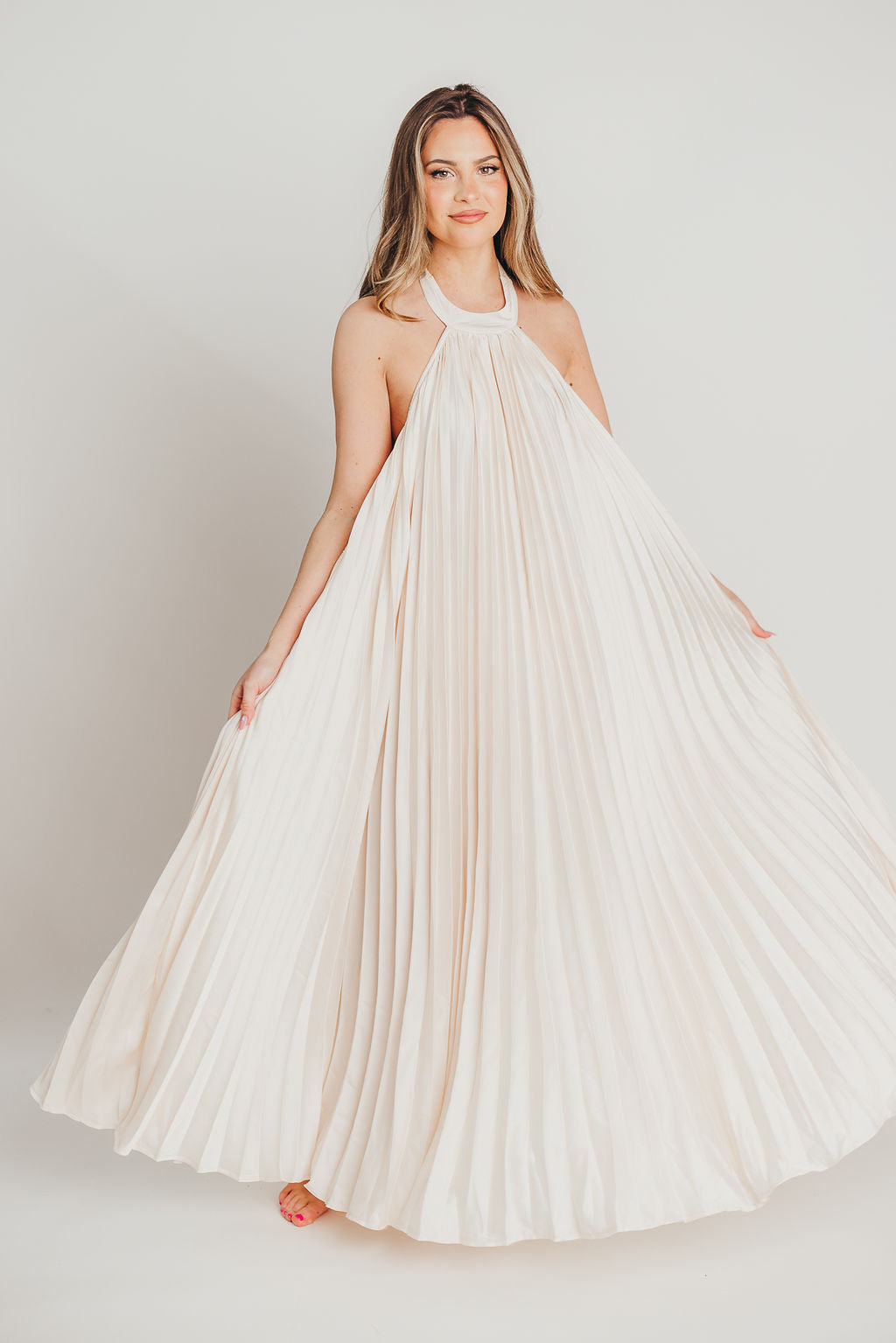 Maren Pleated Halter Maxi Dress in Cream | Bump Friendly Maternity Dress | Perfect for Baby Showers, Beach Vacations & Summer Weddings