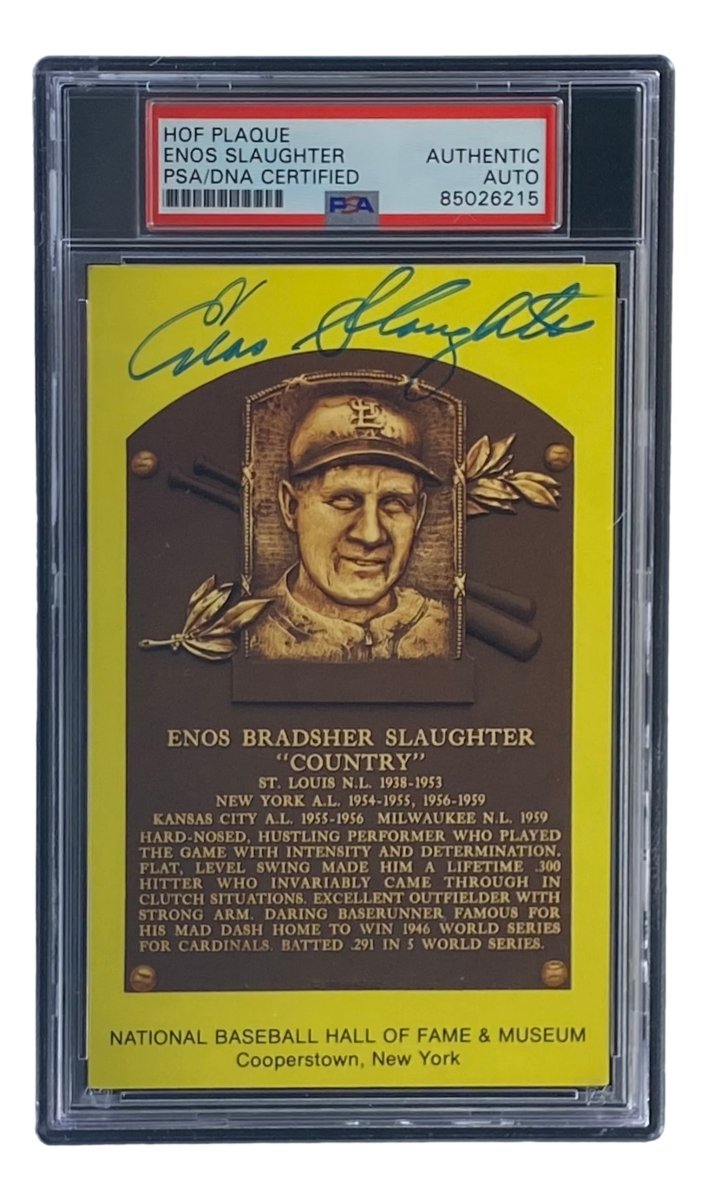 Enos Slaughter Autographed 4x6 St Louis Cardinals Hall of Fame Plaque Card with PSA/DNA Certification #850262832 - Perfect for Baseball Memorabilia Collections & Sports Fan Gifts