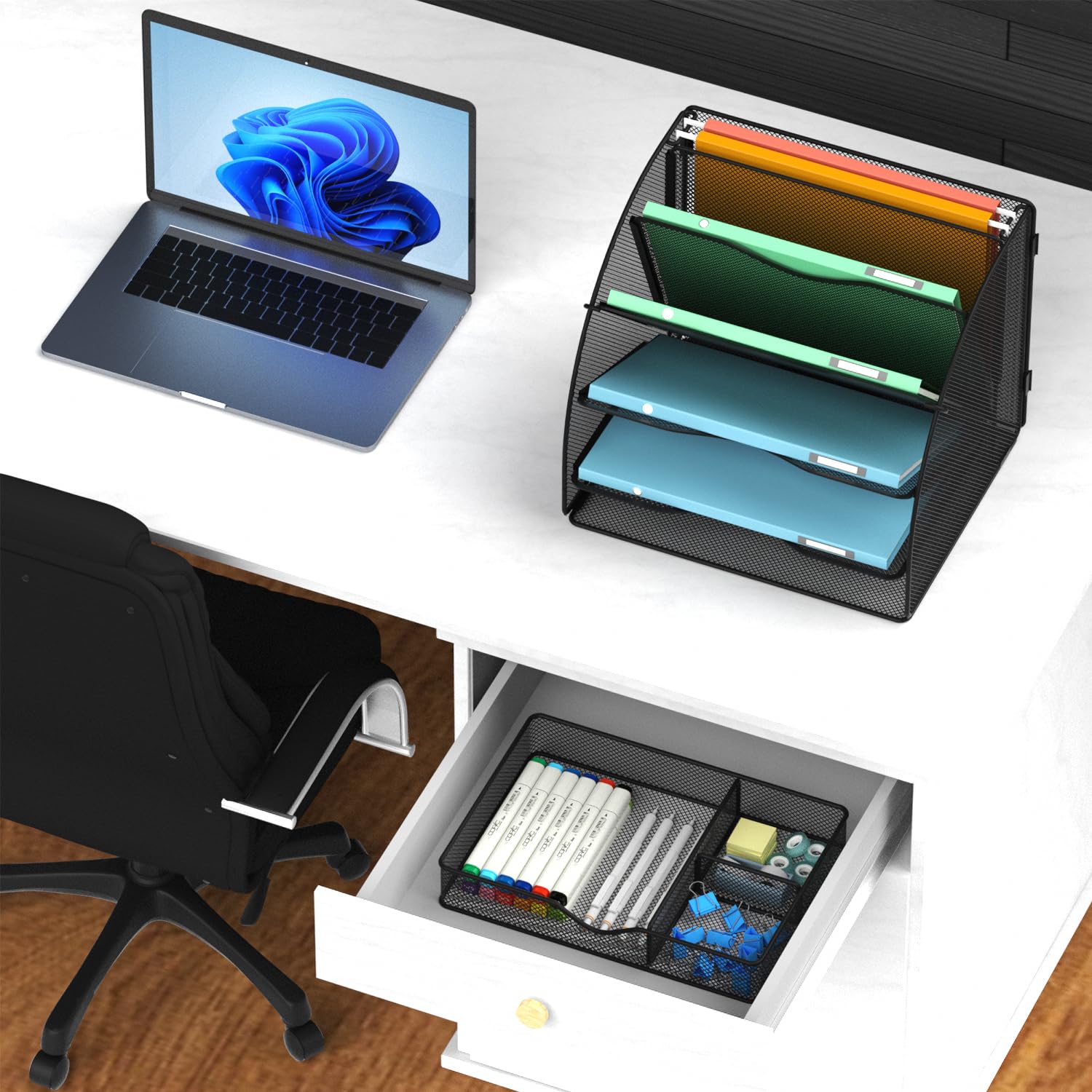 5-Tier Mesh Desk Organizer with Drawer - Fan Shaped File Holder for Office Supplies, Home & School Use - Black | Perfect for Organizing Papers, Stationery & Office Accessories on Work Desk or Study Table