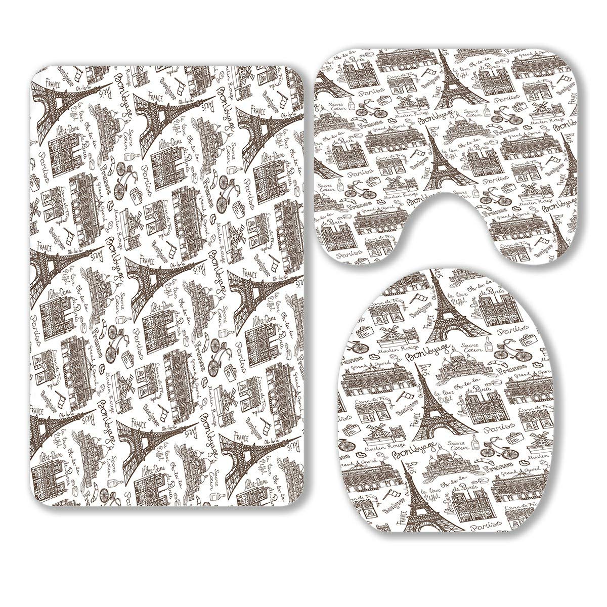 ABPHQTO Paris Landmark Vintage French 3-Piece Bathroom Rug Set - Non-Slip Contour Mat & Toilet Lid Cover - Elegant Doodle Design for Bathroom Decor (Ideal for French-Themed Homes & Airbnb Rentals)