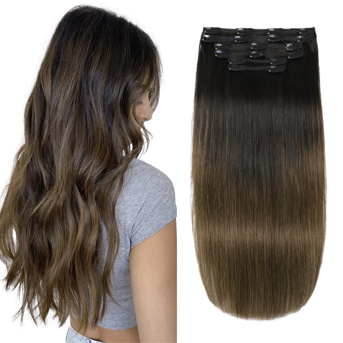 XD Clip in Hair Extensions 18 Inch - 120g 6Pcs Real Human Hair Ombre (Natural Black to Medium Brown) with Soft Thick Ends | Perfect for Volume, Length & Styling for Parties, Weddings & Daily Wear