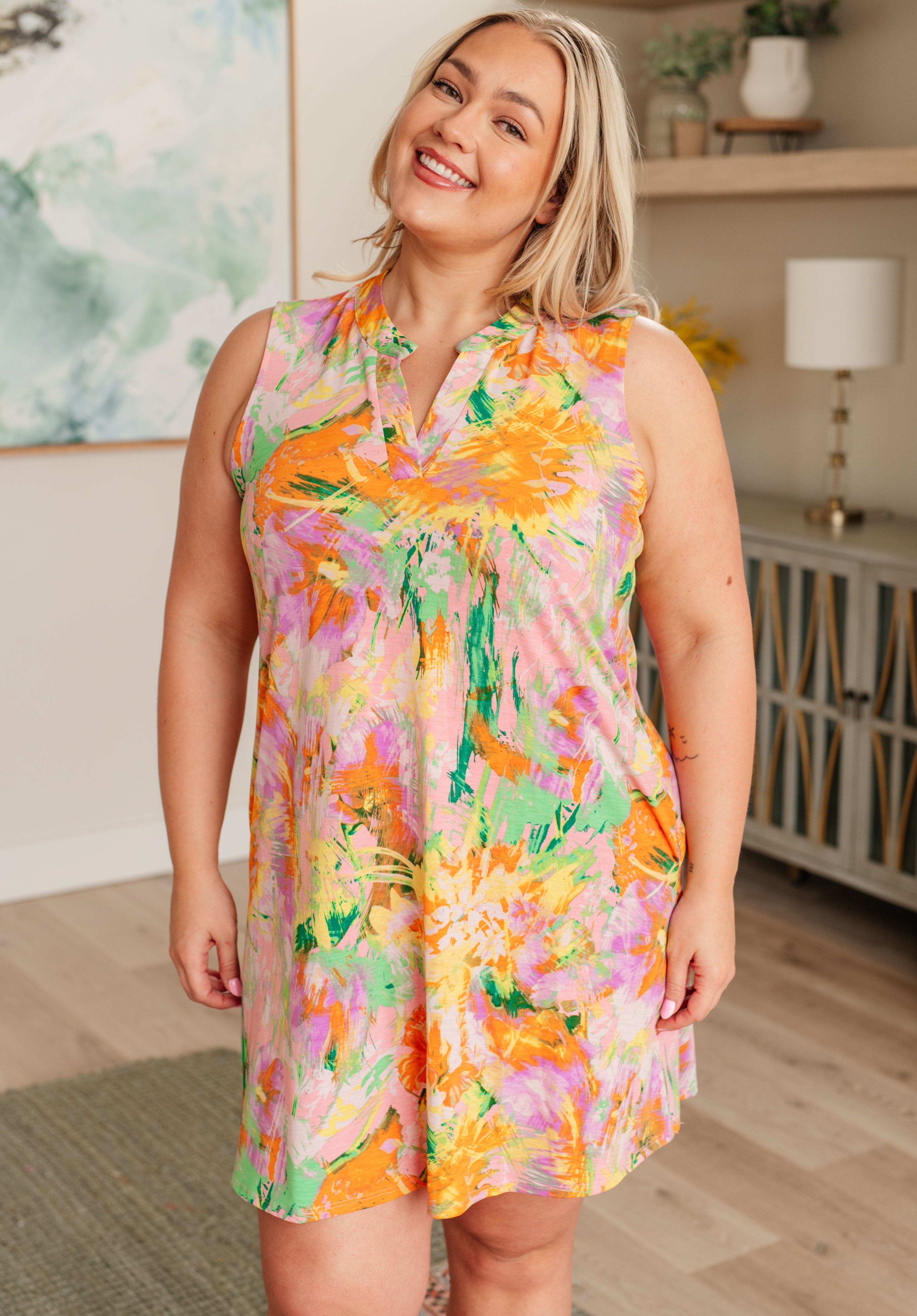 Lizzy Tank Dress - Soft Brushed Fabric in Pink & Marigold | Casual Summer Wear, Beach Cover-Up, Boho Outfit
