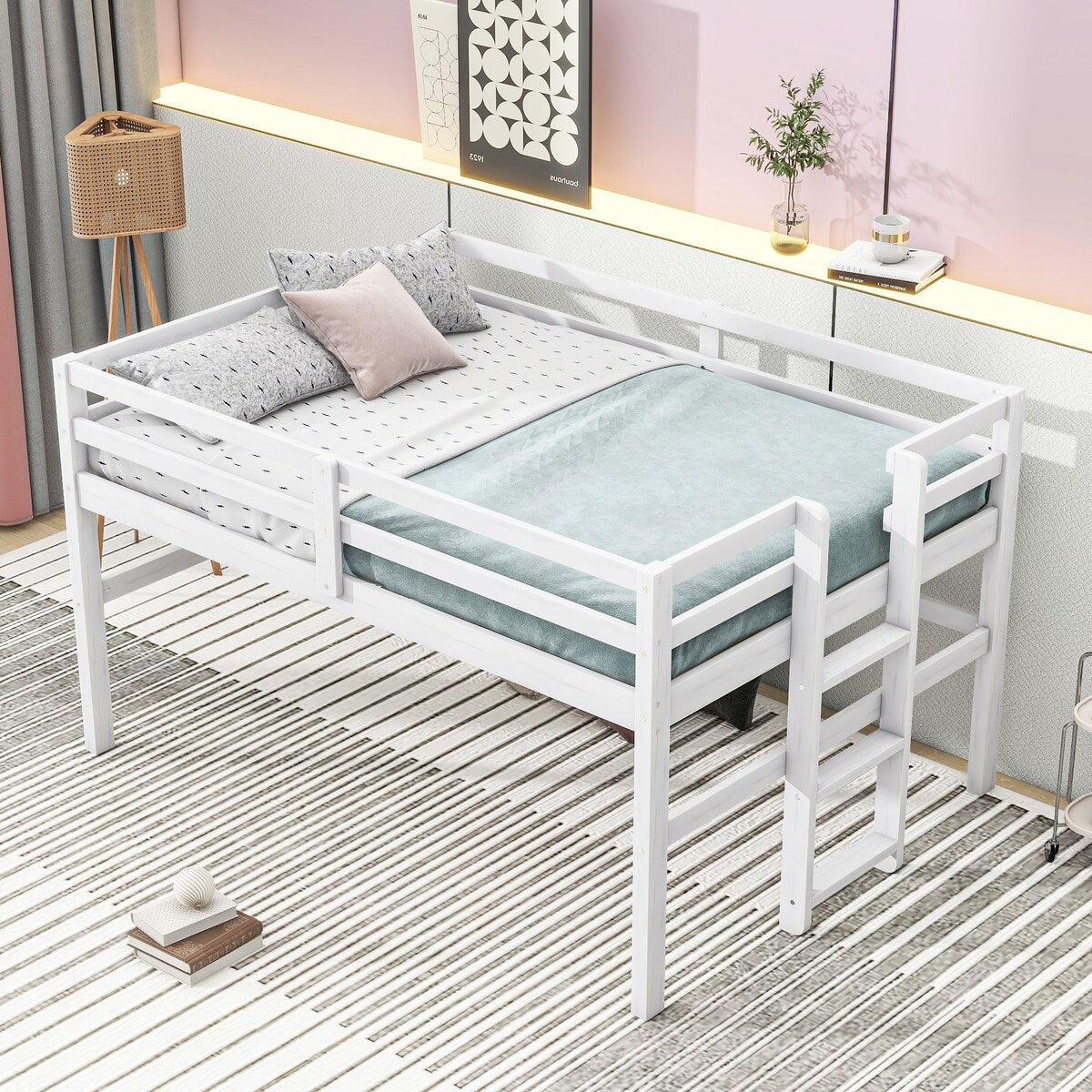 Antique White Wood Twin Loft Bed with Side Ladder - Space-Saving Kids Bedroom Furniture for Small Rooms & Dorm Decor