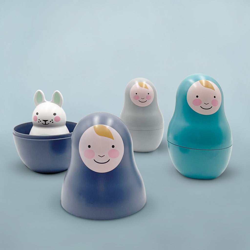 Pastel Blue Nesting Baby Dolls with Chiming Bunny - Soft & Cuddly Infant Toys for Newborns & Toddlers - Perfect for Nursery Decor, Baby Showers, and Early Learning Playtime