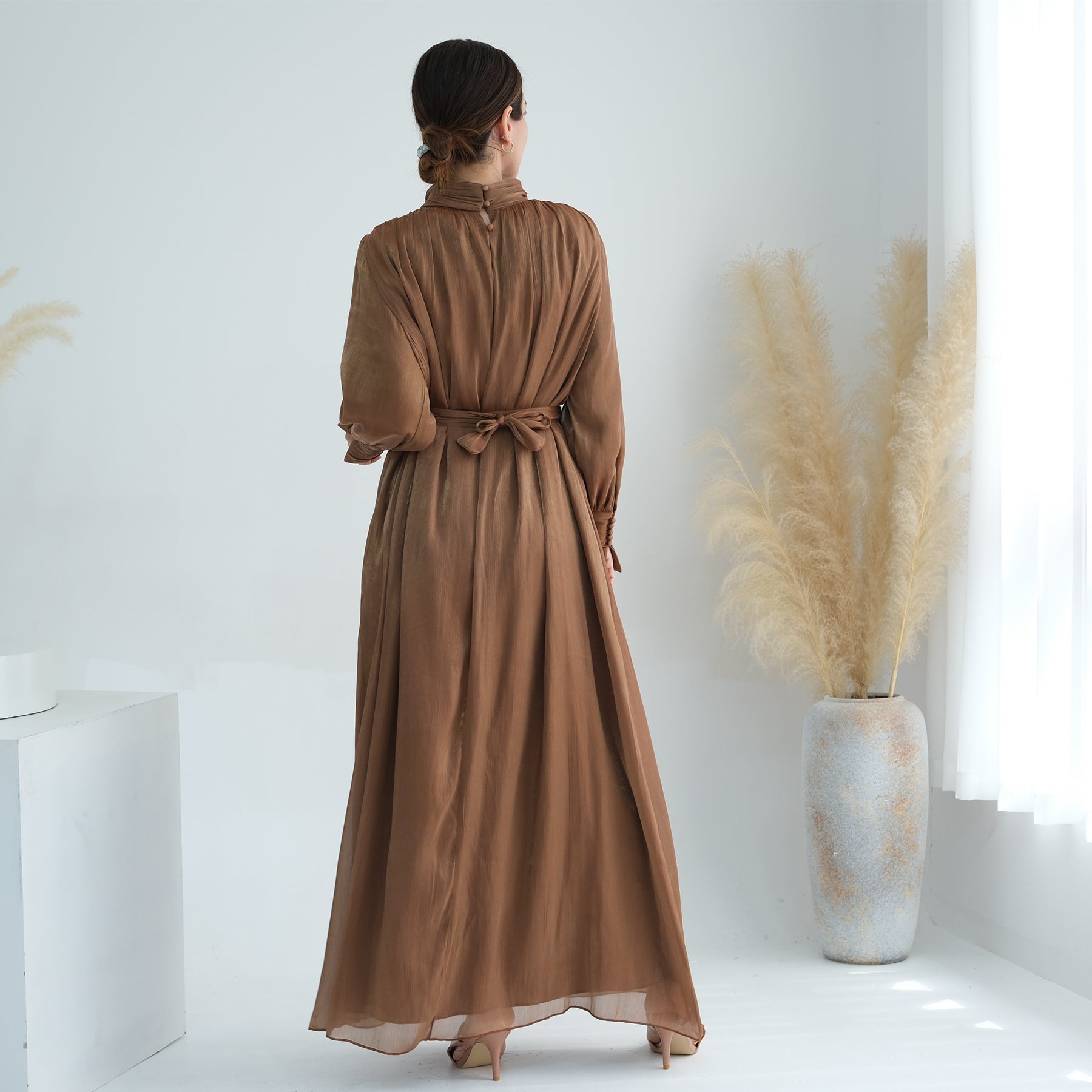 Indira Sparkles Long Sleeve Maxi Dress for Women - Elegant Boho Flowy Evening Gown in Brown | Perfect for Weddings, Parties & Special Occasions