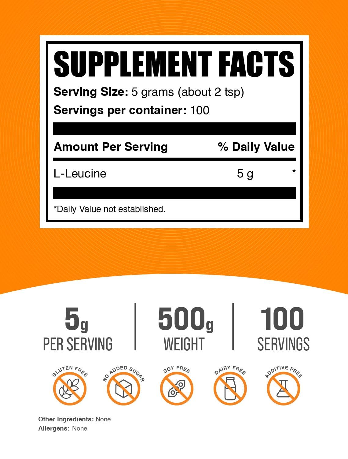 BulkSupplements.com Pure L-Leucine Powder - Unflavored BCAA Amino Acid Supplement for Muscle Recovery & Growth - 5g per Serving, 500g (1.1 lbs) - Ideal for Post-Workout, Bodybuilding & Fitness Enthusiasts