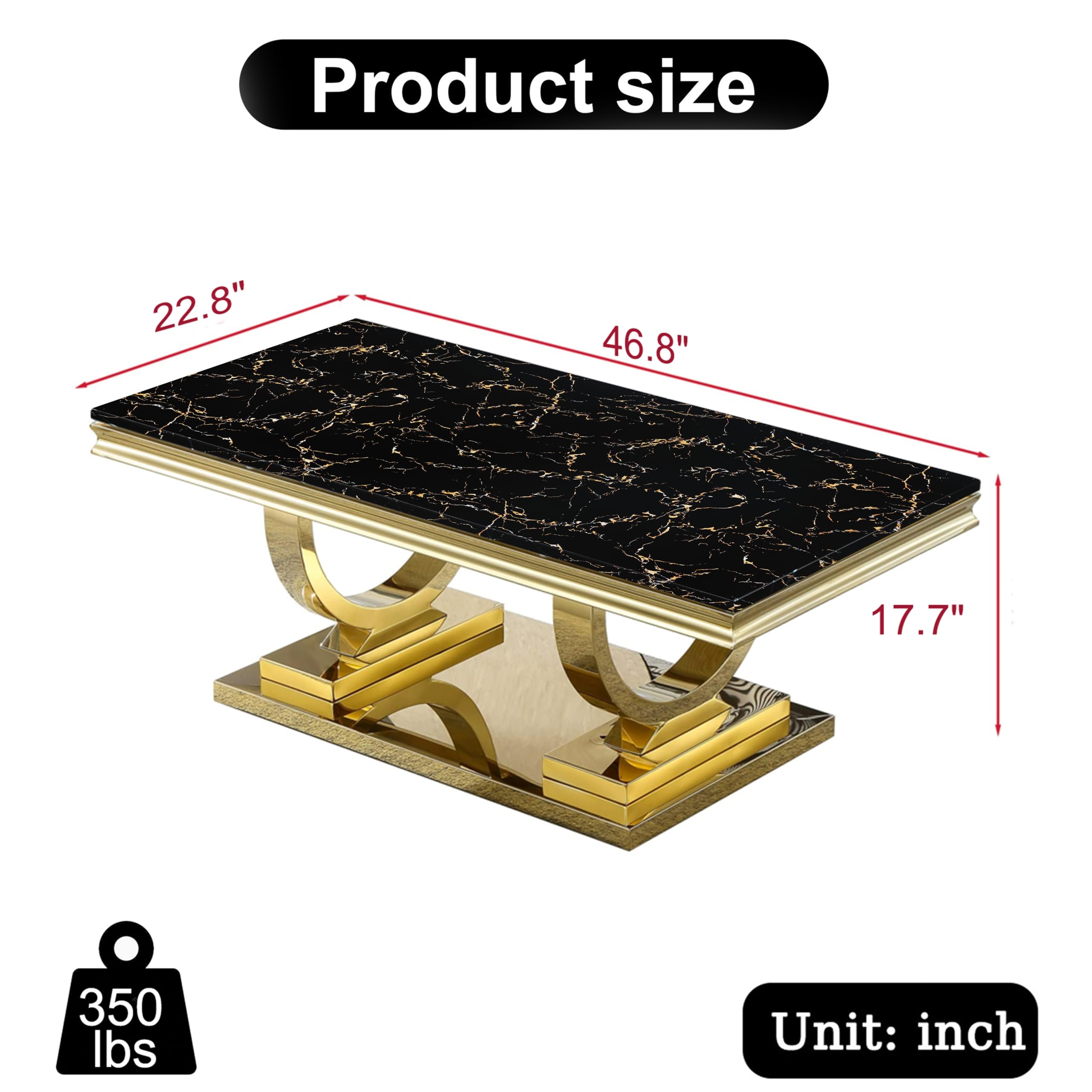Goujxcy 3-Piece Marble Coffee Table Set - Black & Gold Stainless Steel Frame, 1 Rectangular Coffee Table & 2 Square End Tables - Modern Living Room Furniture for Apartment, Office, Lounge & Entertainment Areas