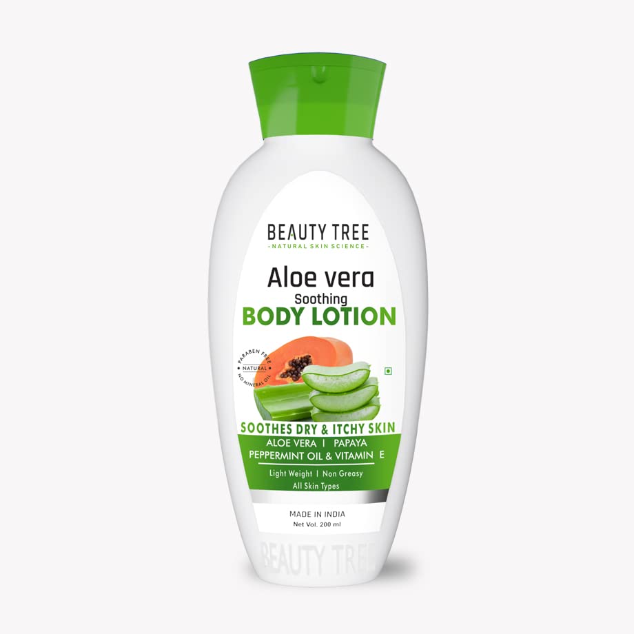 BEAUTY TREE Aloe Vera Soothing Body Lotion with Papaya, Peppermint Oil & Vitamin E - Lightweight Moisturizer for All Skin Types - 400ml - Perfect for Dry Skin Relief & Daily Hydration After Shower