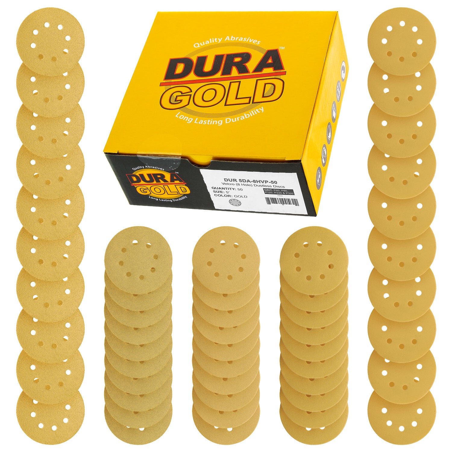 Premium 5-Grit Variety Pack - 50 Gold DA Sanding Discs (60, 80, 120, 220, 320) with 8-Hole Hook & Loop Backing - Perfect for Auto Body Repair, Woodworking & Metal Polishing