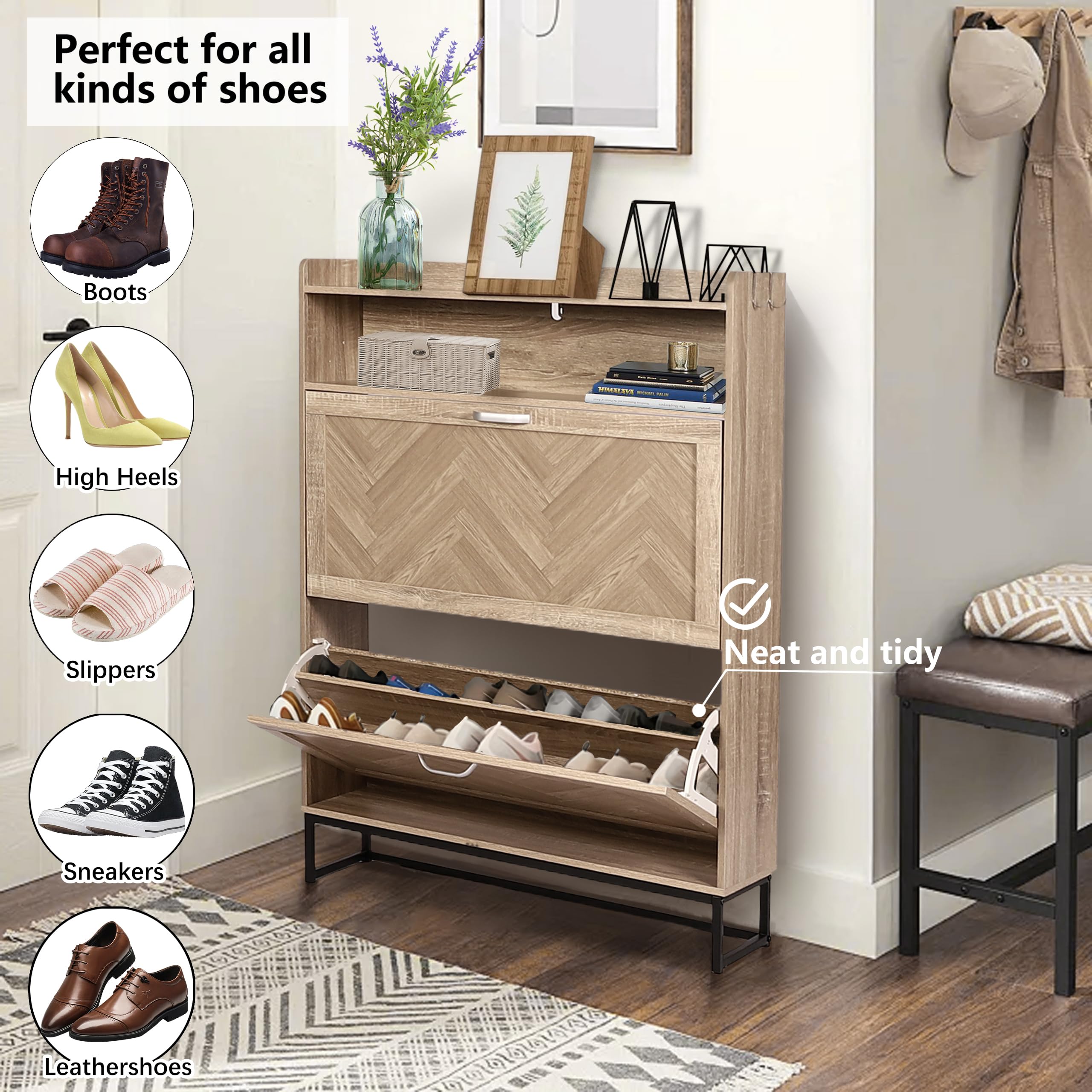 4-Tier Flip-Drawer Shoe Storage Cabinet - Space-Saving Entryway Shoe Organizer with Metal Legs & Open Storage - Freestanding Narrow Shoe Rack for Foyer, Hallway - Perfect for Small Spaces & Apartment Living