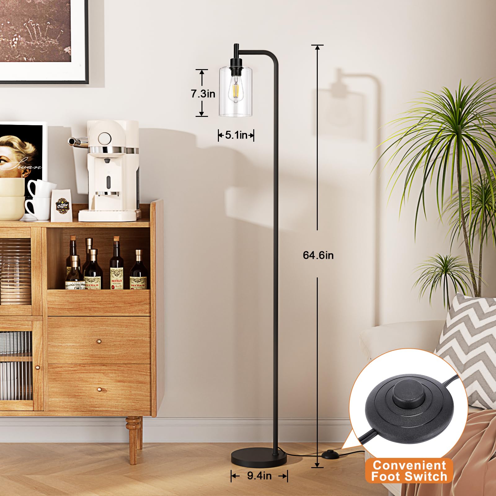 Industrial Floor Lamp with Glass Shade - Black LED Standing Light with Foot Pedal Switch & Easy Assembly | Modern Lighting for Living Room, Office, Reading Nook & Bedroom