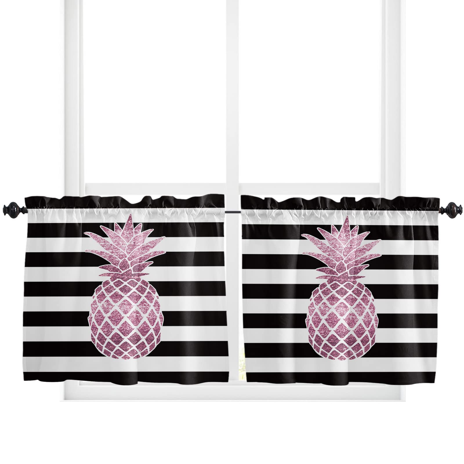 Pink Pineapple Black Stripe Curtains - Set of 2 for Kitchen & Room Decor