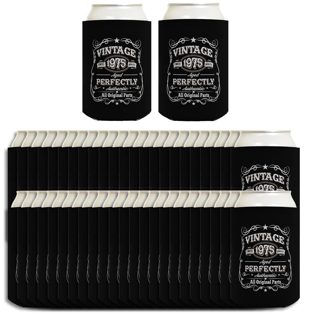 Vintage 1975 Can Coolers 48-Pack - Black Drink Coolies for 50th Birthday Gifts & Parties