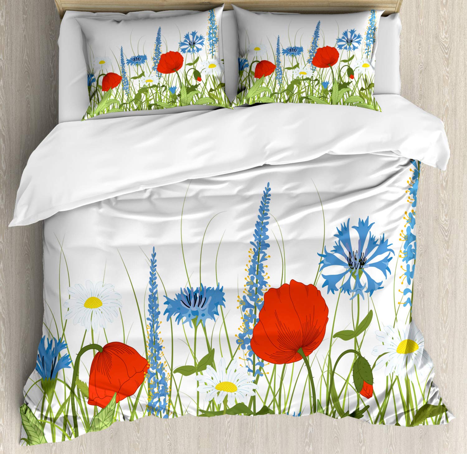 Ambesonne Spring Duvet Cover Set - King Size 3 Piece Bedding with 2 Pillow Shams | Blooming Poppy & Chamomile Wildflower Design in Apple Green & Azure Blue | Perfect for Bohemian & Cottage Style Bedrooms