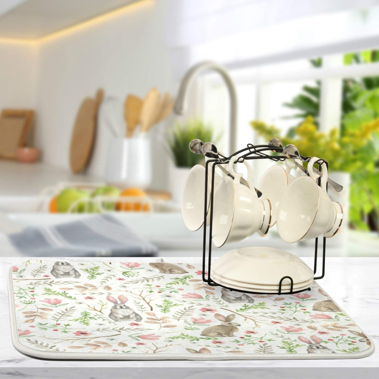 ATTX Cute Rabbits Dish Drying Mat - 18 x 24 Inch Extra Large Microfiber Kitchen Counter Mat for Dishes, Utensils & Cookware - Perfect for Kitchen Countertops, Sink Areas & Drying Racks