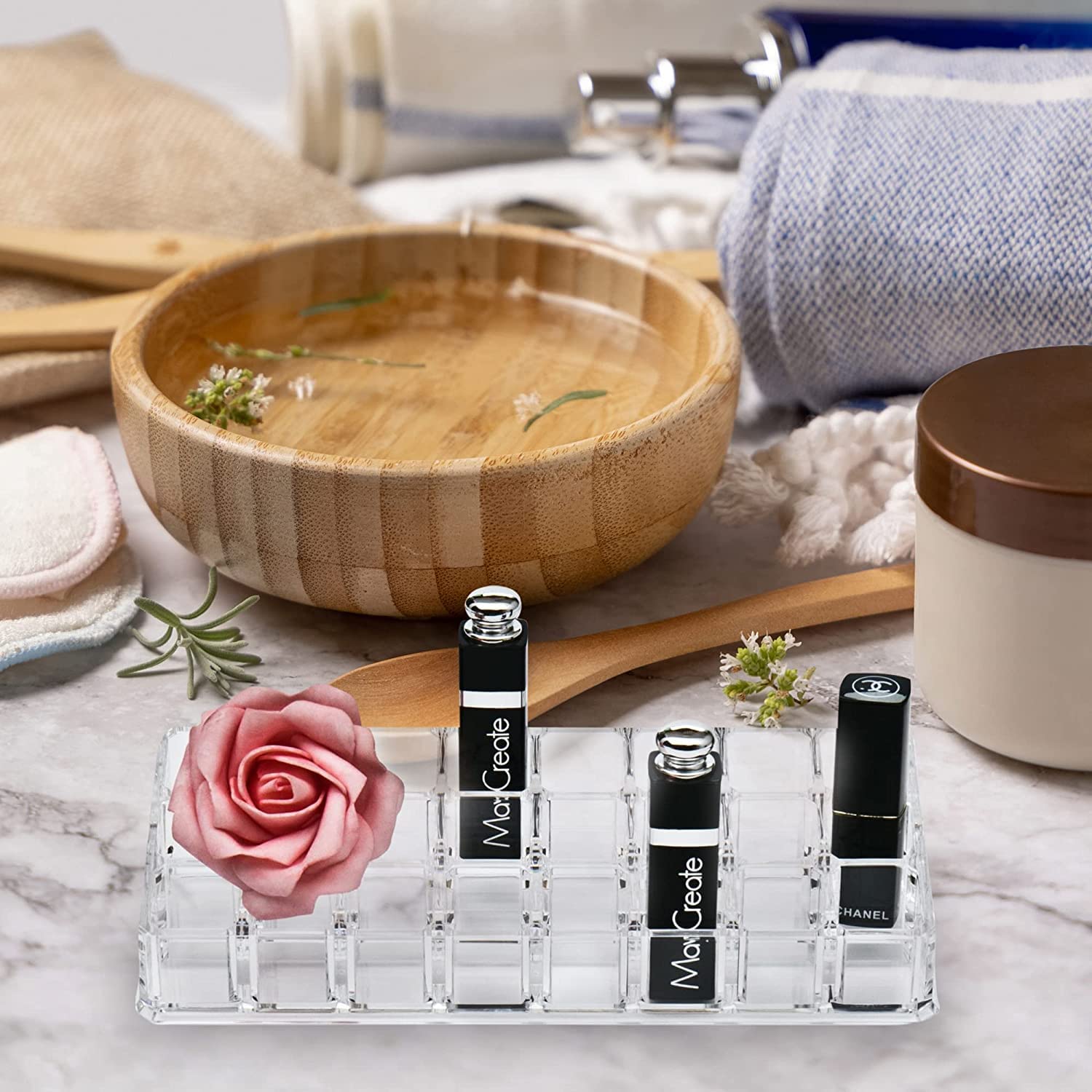XIVUMN Acrylic Lipstick Holder - 24 Compartment Clear Makeup Organizer for Lip Gloss, Balm, Mascara, Brushes & Skincare - Multipurpose Vanity Storage Case | Perfect for Bathroom Counter, Dresser Top & Beauty Salon Display
