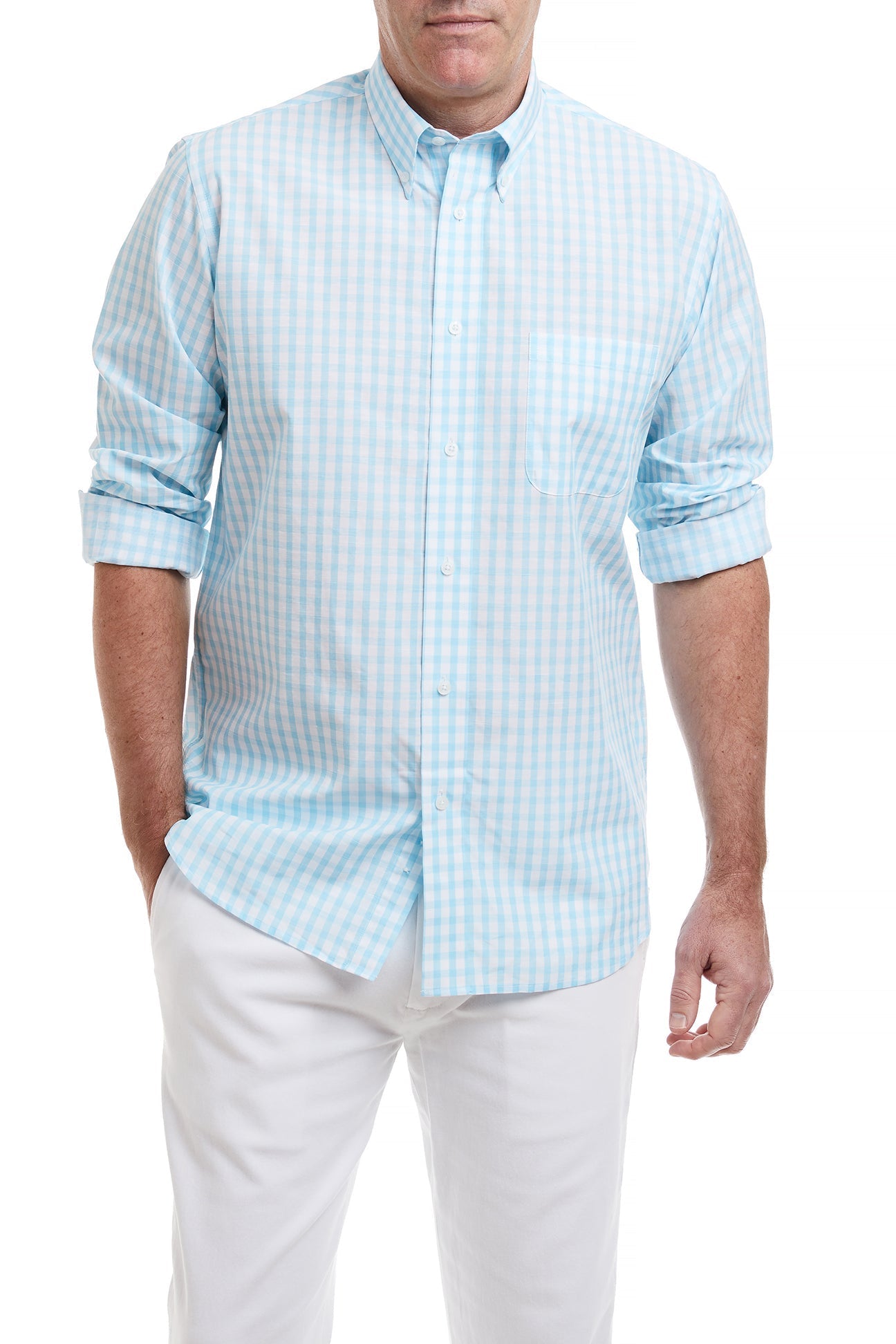 Chase Shirt Aqua Beach Gingham - Stylish Summer Casual Button Down Shirt for Men | Perfect for Beach Vacations, Outdoor Adventures & Weekend Getaways