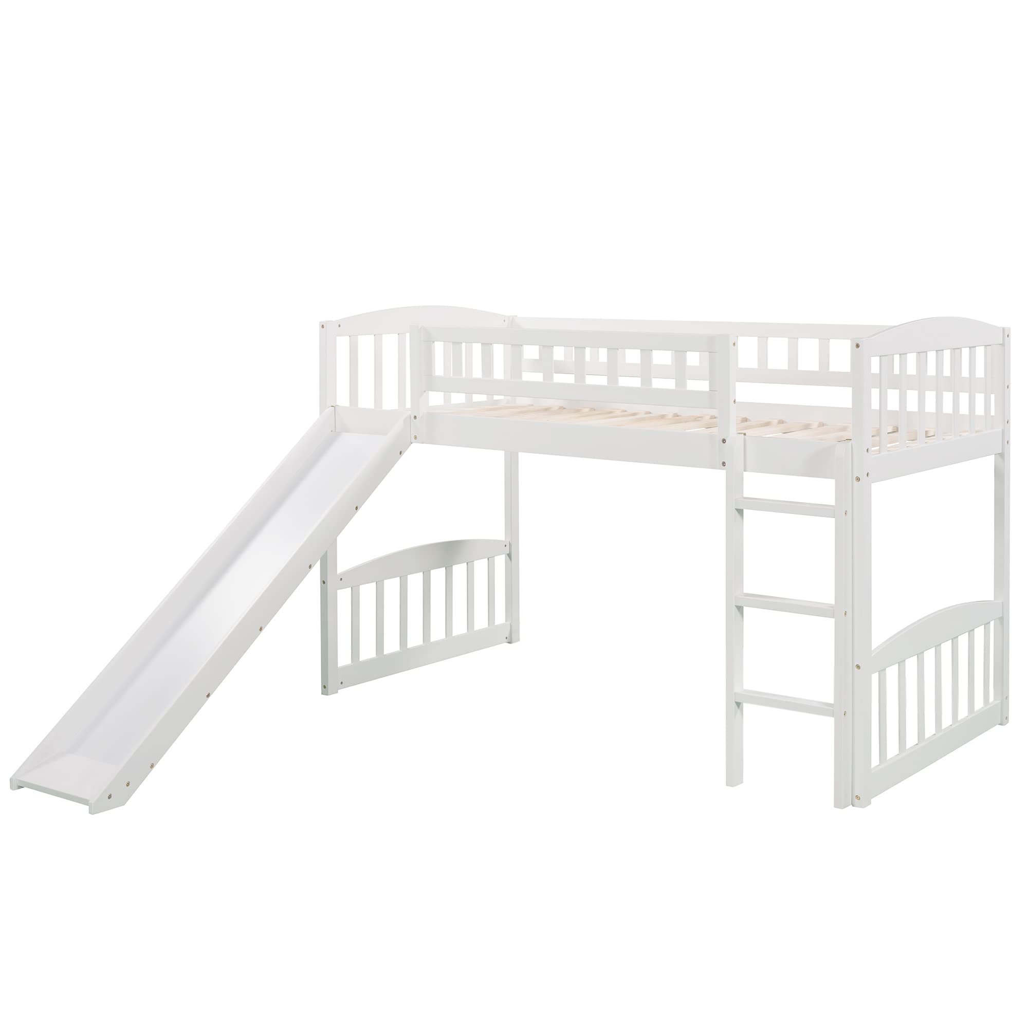 Bellemave Twin Loft Bed with Slide and Ladder - Low Height Wooden Kids Bunk Bed for Boys and Girls in White - Perfect for Small Bedrooms, Playrooms & Sleepovers